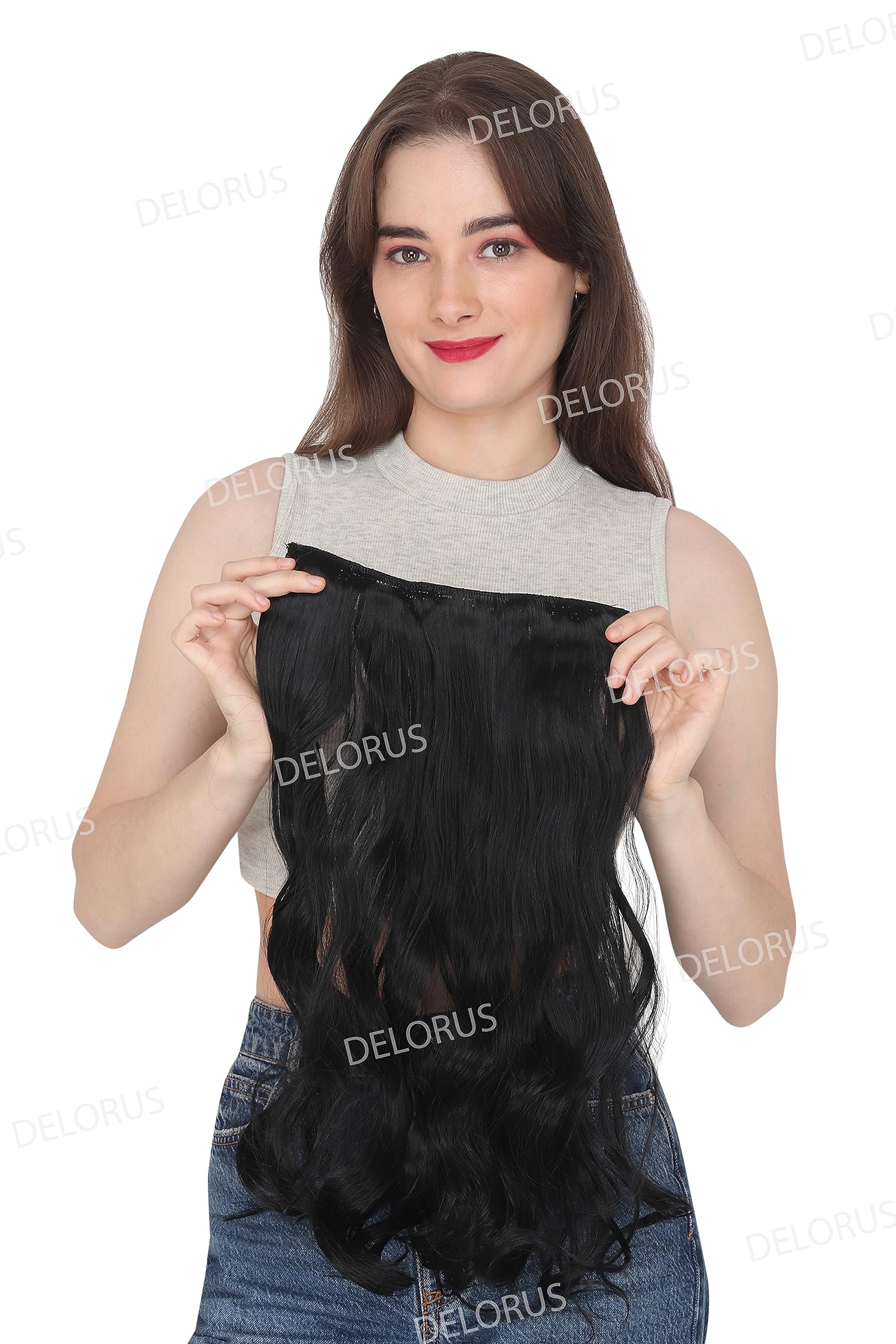 DELORUS 22 Inch Synthetic Curly/Wavy Black Hair Extensions with 5 Clips - Natural Looking Clip-in Hairpiece for Women & Girls | Perfect for Parties, Weddings & Daily Styling