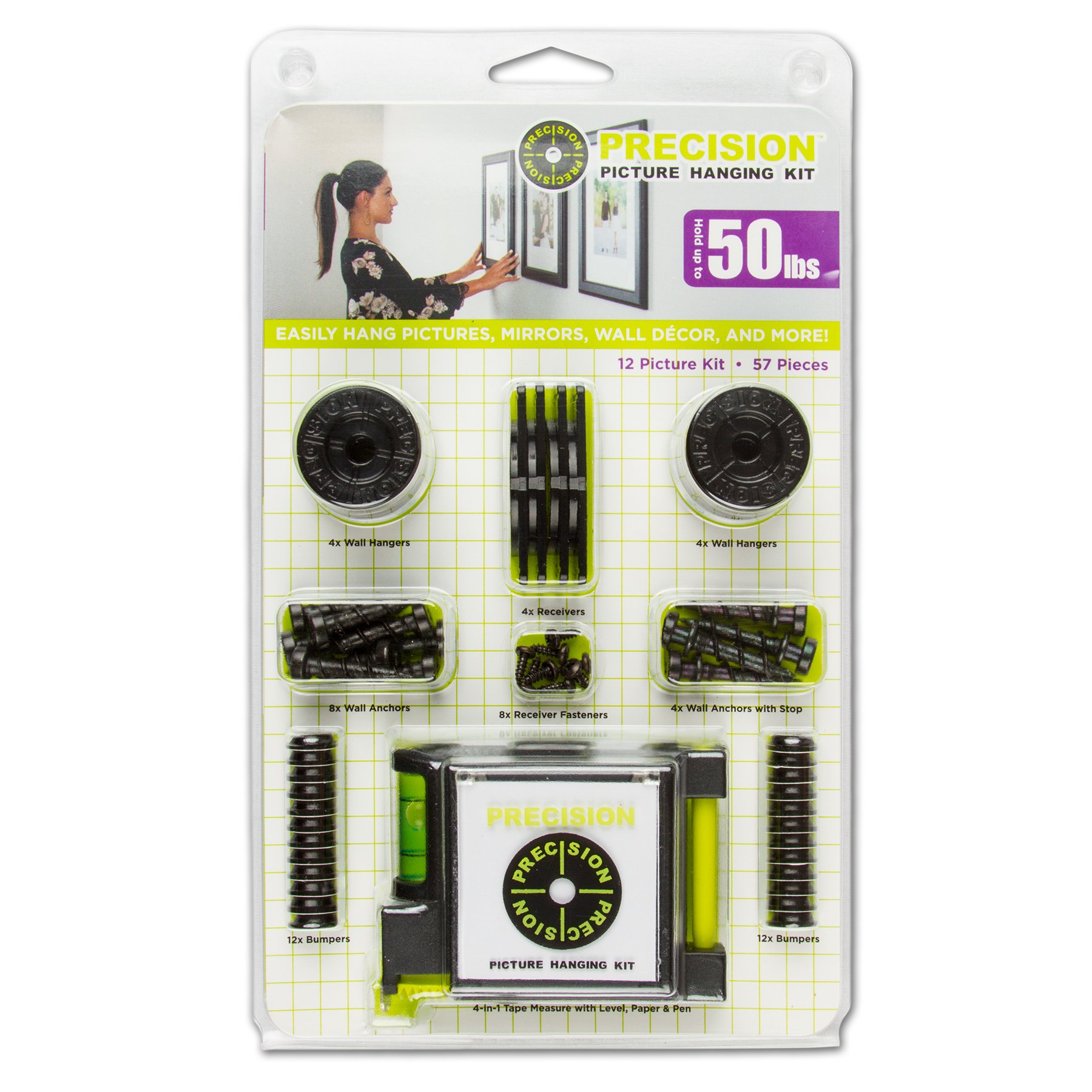 Precision Picture Hanging Kit - 12 Piece Set with Leveling Tape Measure for Frames up to 50 lbs - Includes Hooks for D-Ring, Sawtooth, Wire & Keyhole Frames - Repositionable Adhesive - Perfect for Home, Office & Gallery Wall Decor