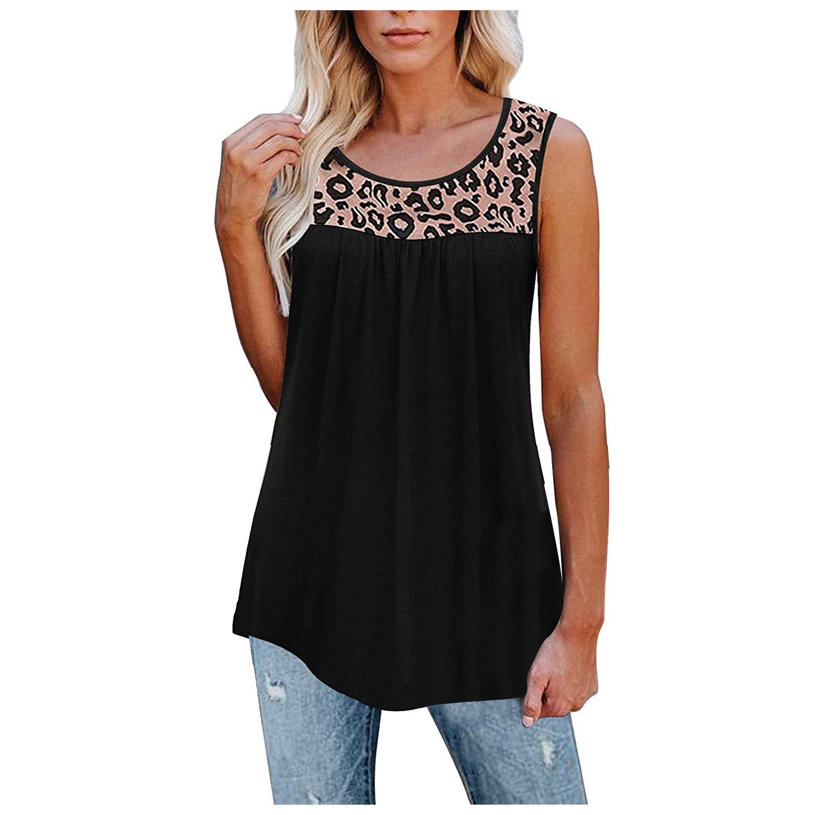 Women's Leopard Print Tunic Top - Sleeveless Loose Ruffle Blouse for Casual Wear & Summer Outfits | Activewear Vest Tank for Women | Basic Wardrobe Essential