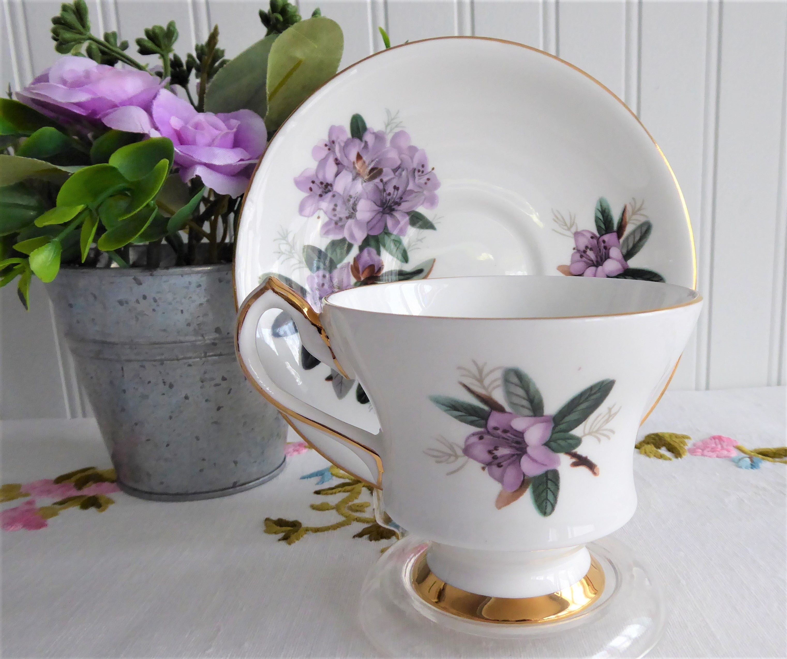 Vintage 1960s English Bone China Cup and Saucer Set with Lavender Azaleas & Rhododendrons Floral Pattern - Perfect for Afternoon Tea, Collectible Tableware, and Gift Giving