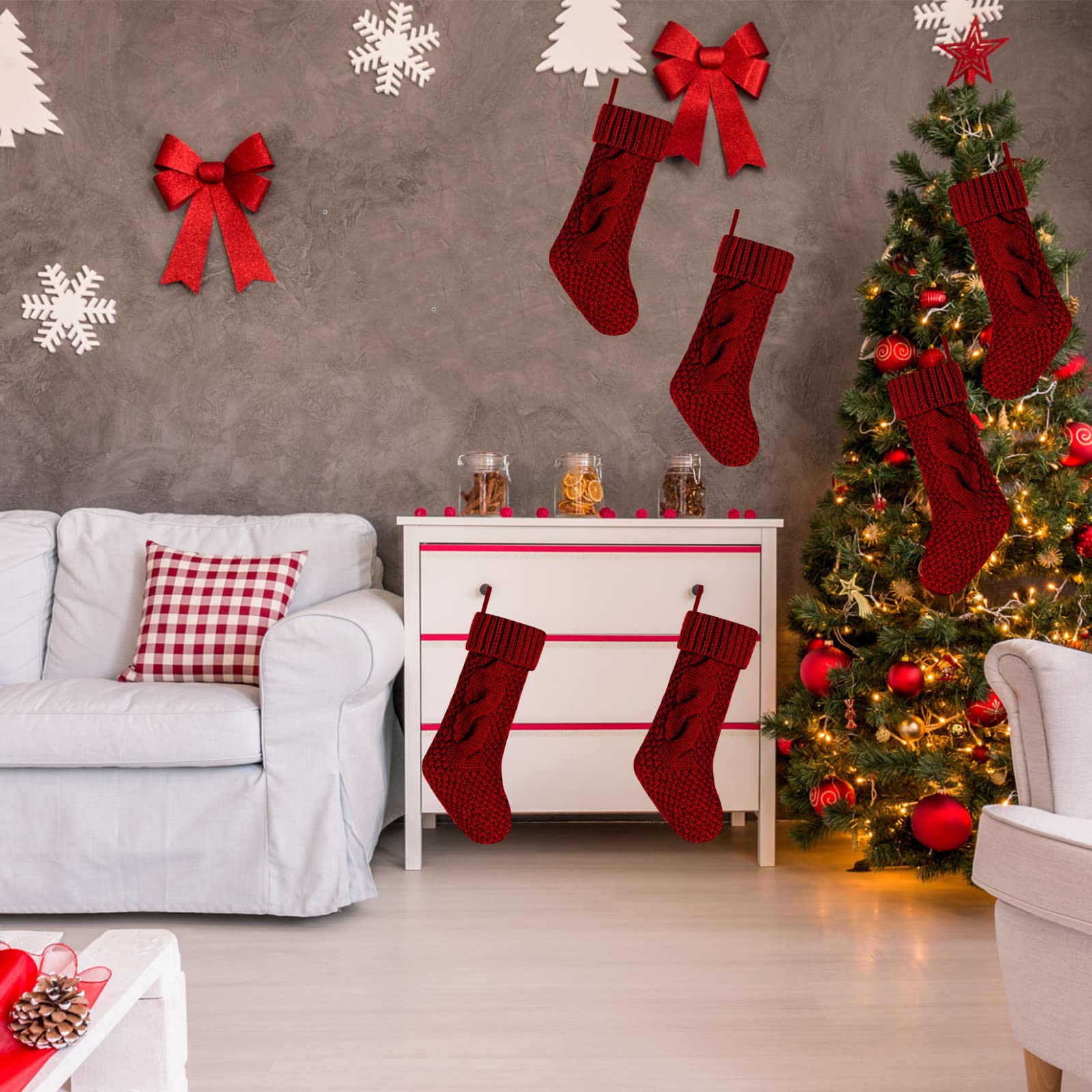6-Pack 18 Inch Burgundy Knitted Christmas Stockings with Elegant Design - Perfect for Holiday Decor, Fireplace Mantel, and Gift Giving