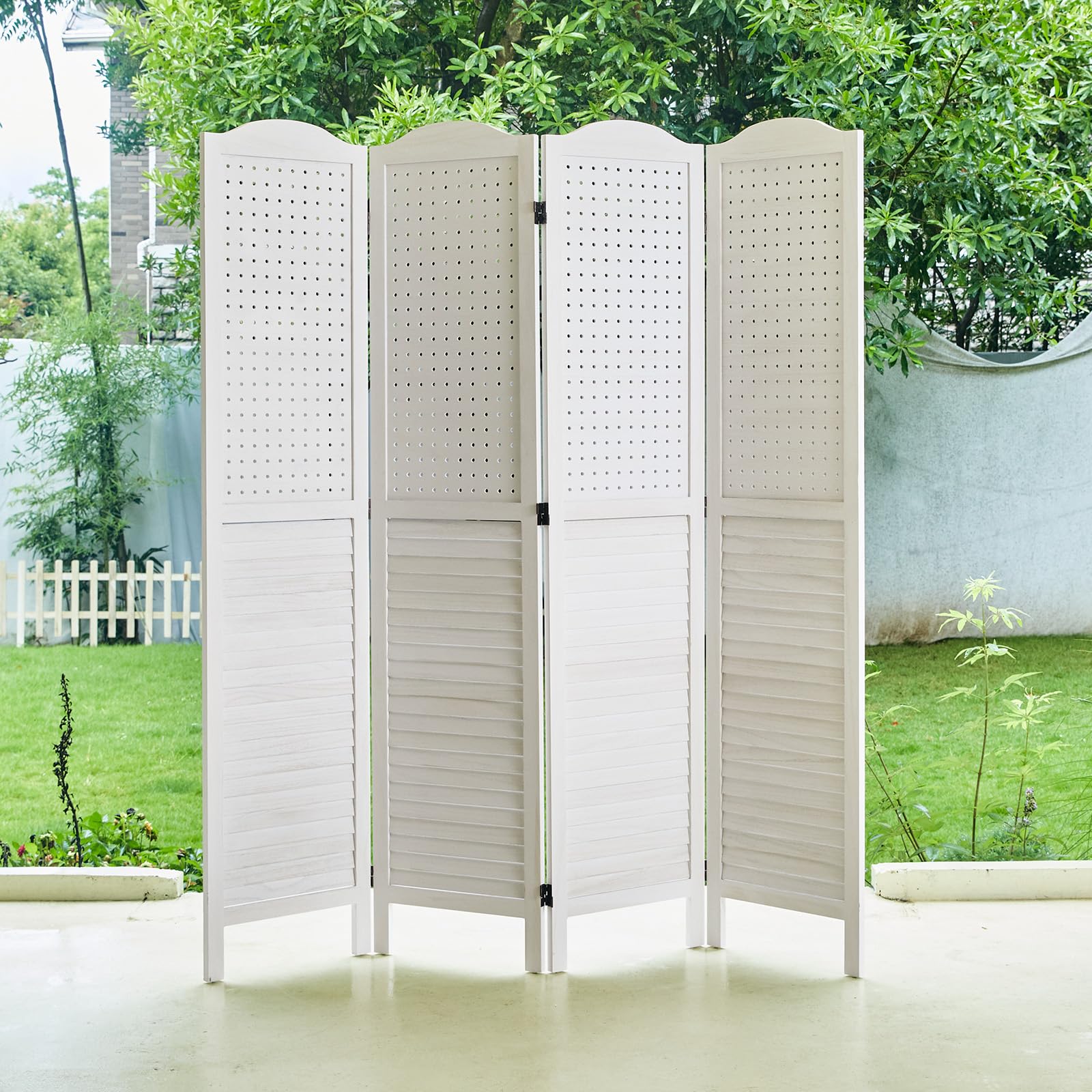 5.75Ft Wooden Freestanding 4-Panel Pegboard Display - Multifunctional Privacy Screen & Room Divider for Craft Fairs, Jewelry Displays, Trade Shows & Home Organization (White) - Perfect for Retail Stores, Craft Booths & Office Partitions