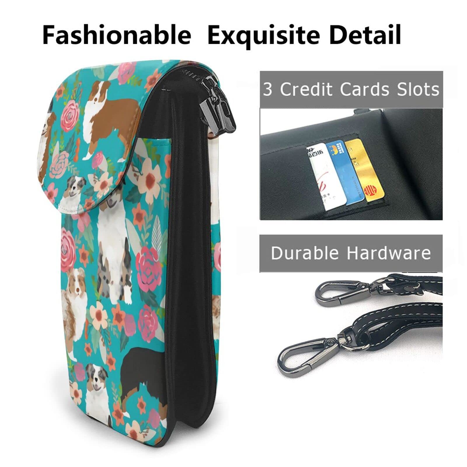 Australian Shepherd Dog Floral Print PU Leather Crossbody Phone Purse for Women - Stylish Small Wallet Bag for Daily Use, Travel & Shopping