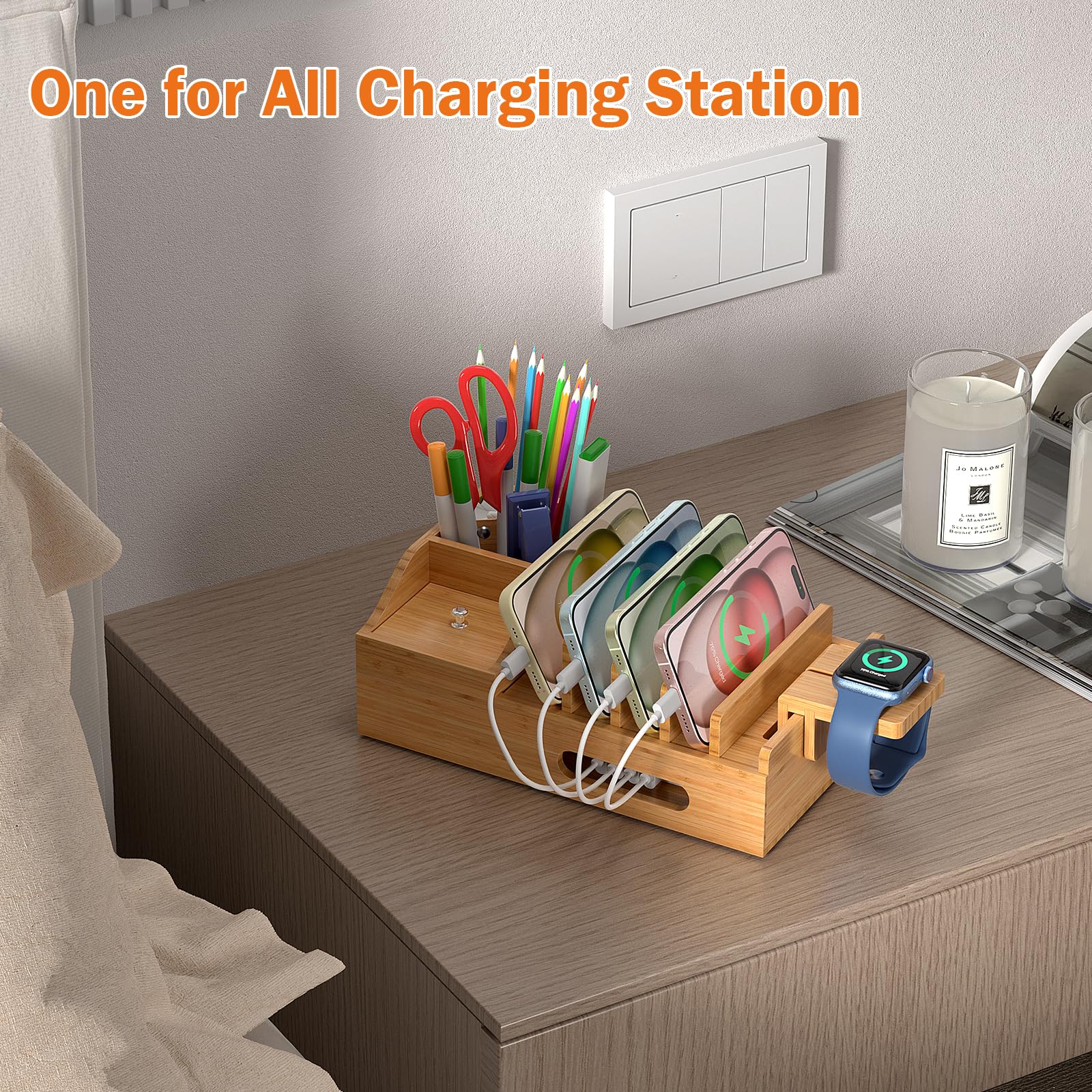 5-Port Bamboo Charging Station for Phones, Tablets & Watches - Office & Home Use