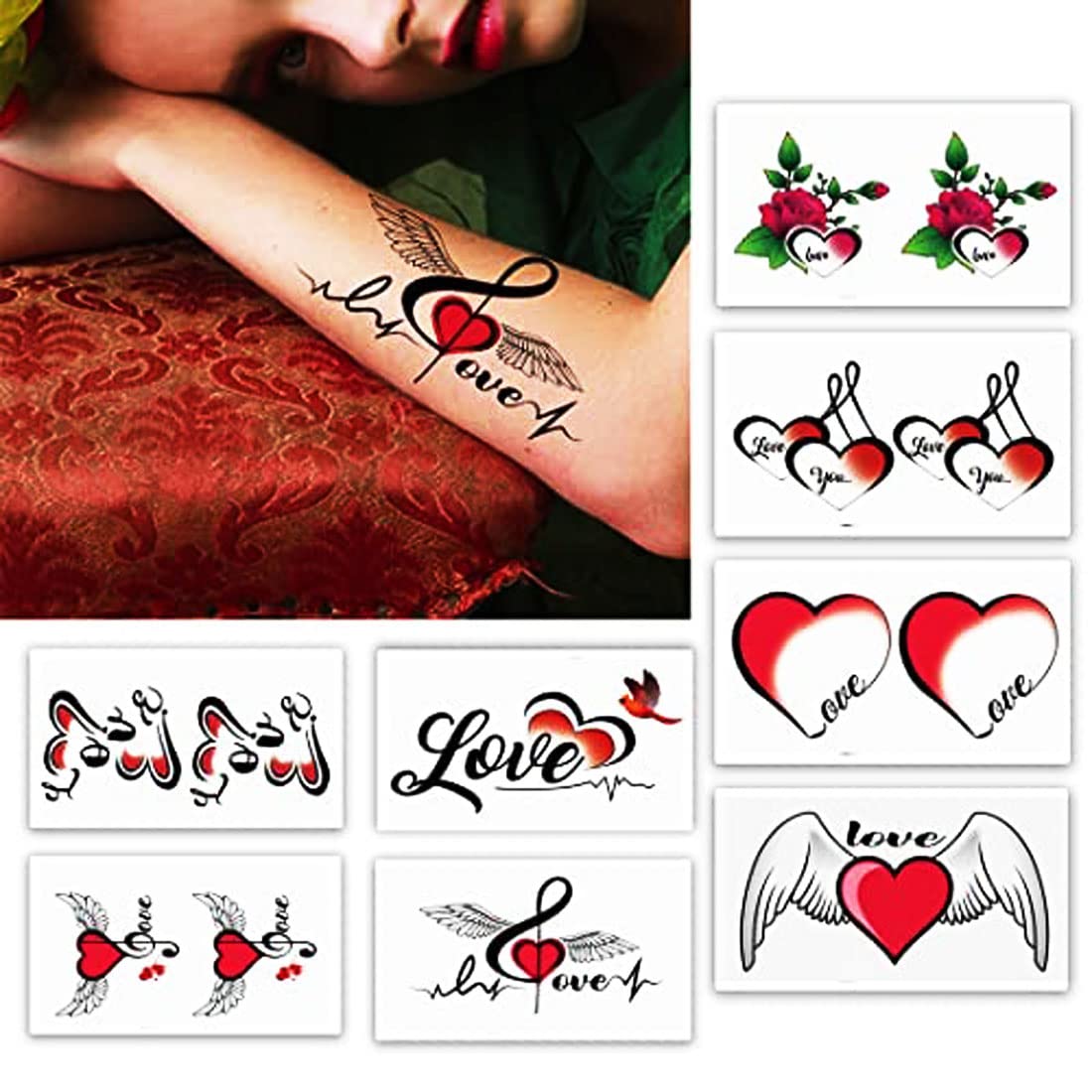 Waterproof Temporary Tattoo Set - 8 Heart Design Fake Body Tattoos for Women & Teens | Long Lasting, Safe & Easy to Apply | Perfect for Parties, Festivals, Beach Days & Self Expression
