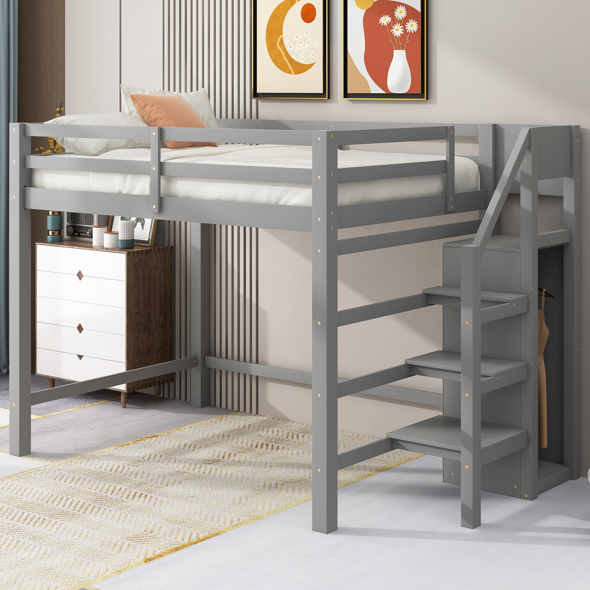 Polibi Full Size Wooden Loft Bed with Built-in Wardrobe & Staircase - Space Saving Storage Bed Frame with Guardrails, No Box Spring Needed, Grey - Perfect for Kids Rooms, Dormitories & Small Apartments