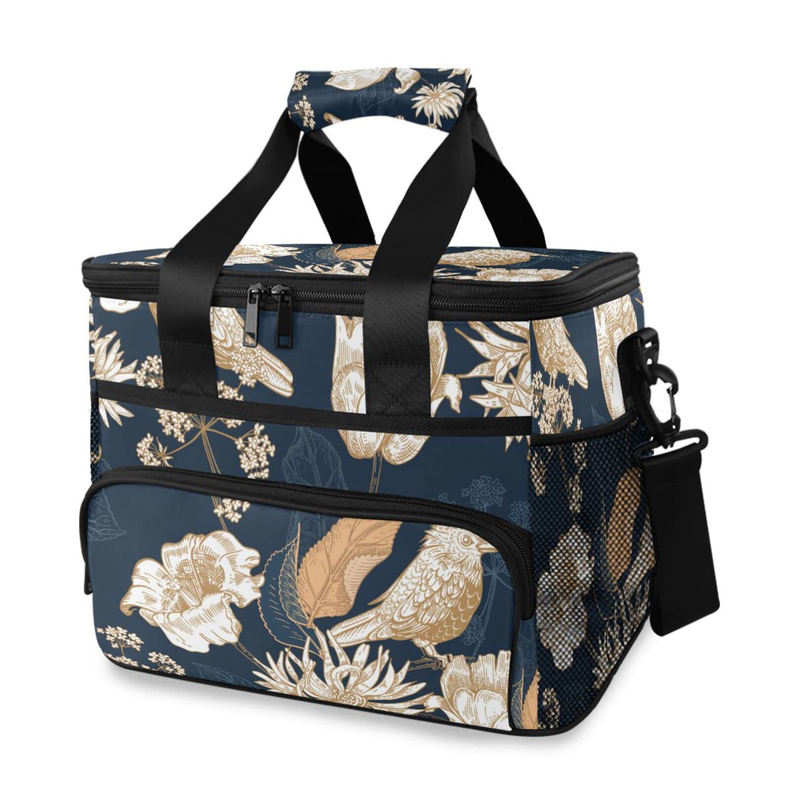 Vintage Bird Floral Insulated Cooler Tote Bag - 24 Can Leakproof Lunch Bag with Crossbody & Handheld Straps | Keeps Food & Drinks Cold for 12 Hours | Perfect for Picnics, Beach Trips & Outdoor Adventures | Stylish Full Print Design
