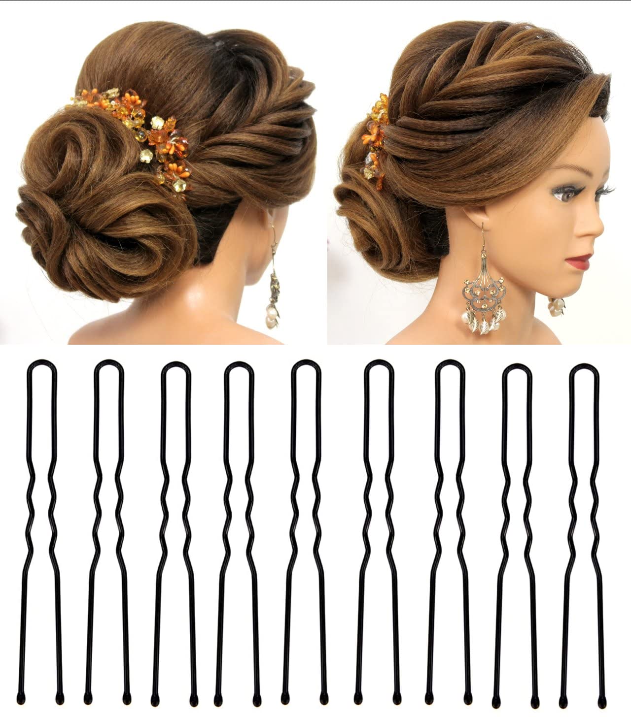 HRBS 12cm Long U-Shape Bobby Hair Pins for Women - 100pcs Black Hair Clips for Bun, Updo & Styling - Secure Hold Hair Accessories for Wedding, Work & Everyday Use