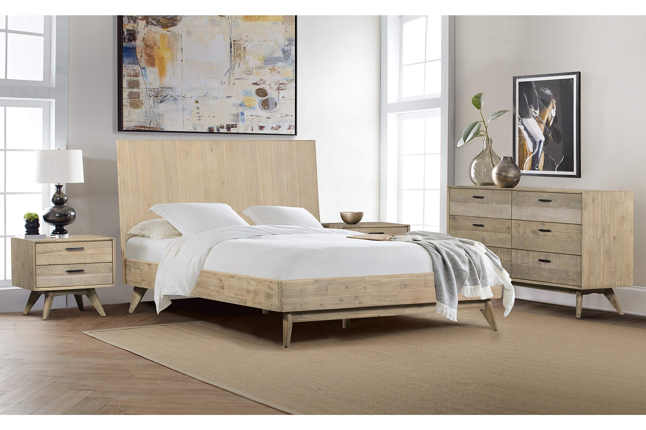 Armen Living Baly 4-Piece Acacia Wood Queen Loft Bedroom Set with Dresser & Nightstands, Grey Sandblast Finish - Modern Space-Saving Furniture for Small Apartments, Dorms & Guest Rooms