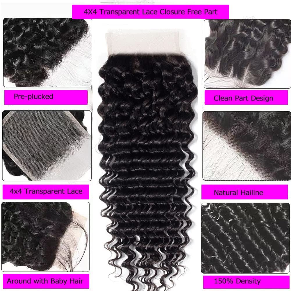 100% Brazilian Human Hair Bundles with Closure - Unprocessed Deep Wave Remy Hair Extensions (4 Bundles + 4x4 Lace Closure) for Natural Wet & Wavy Look - Perfect for Daily Styling, Special Occasions & Protective Hairstyles