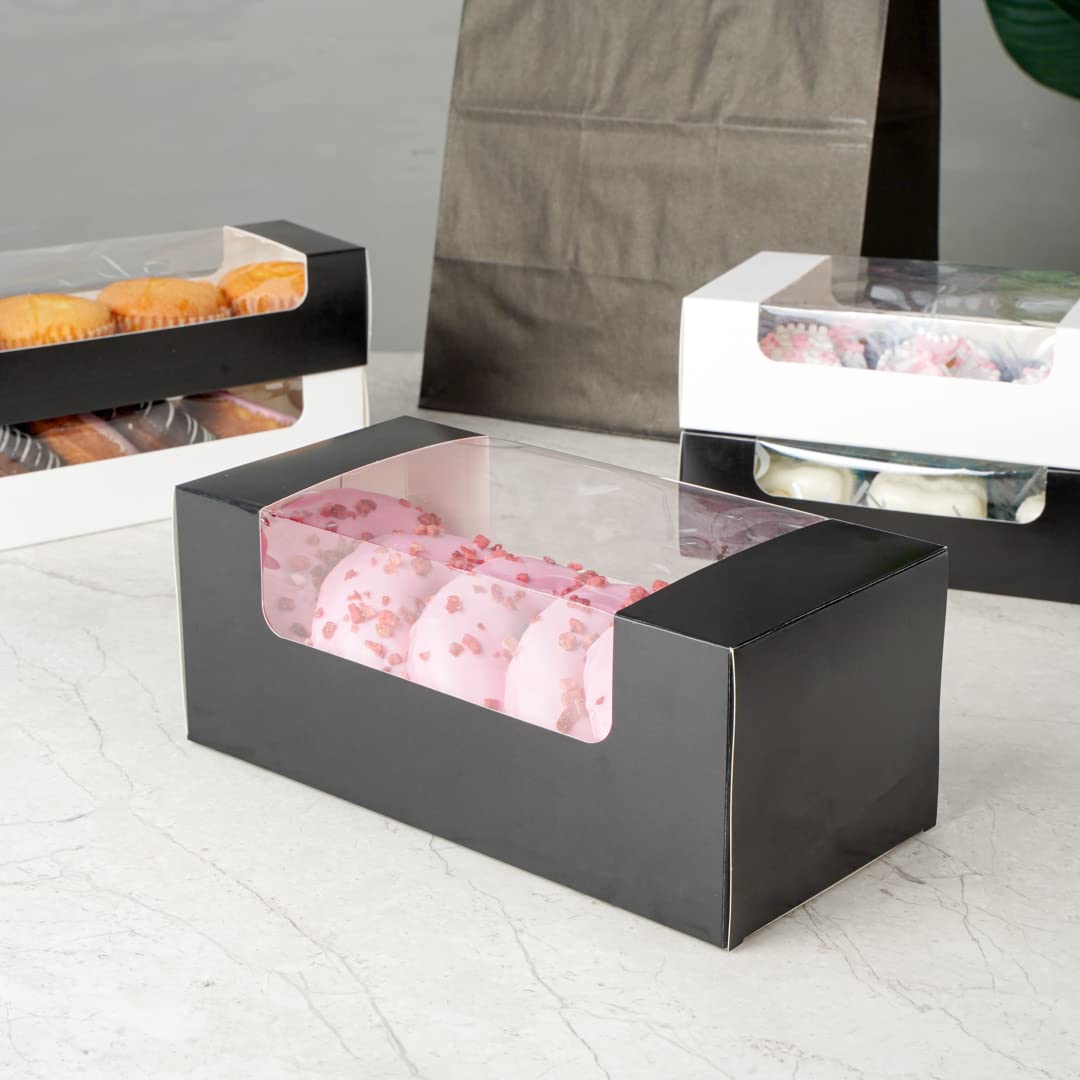 Restaurantware Pastry Tek 9.8 x 4.7 x 3.9 Inch 100-Pack Disposable Donut Boxes with Clear Window | Easy Assembly Black Paper Cookie Packaging for Muffins, Cupcakes & Mini Cakes | Perfect for Bakeries, Cafés & Catering Events