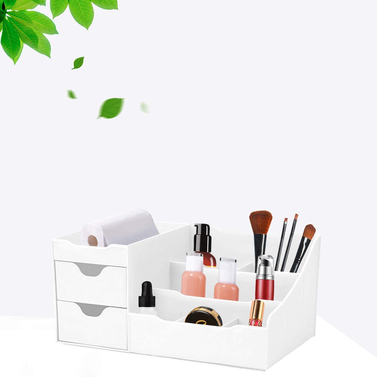PMUYBHF 5-Tier Makeup Organizer with Drawers - Modern Countertop Cosmetic Storage Box, Vanity Dresser & Nightstand Organizer for Makeup Brushes, Lipsticks, Skincare (White) - Perfect for Bedroom, Bathroom & Dressing Table