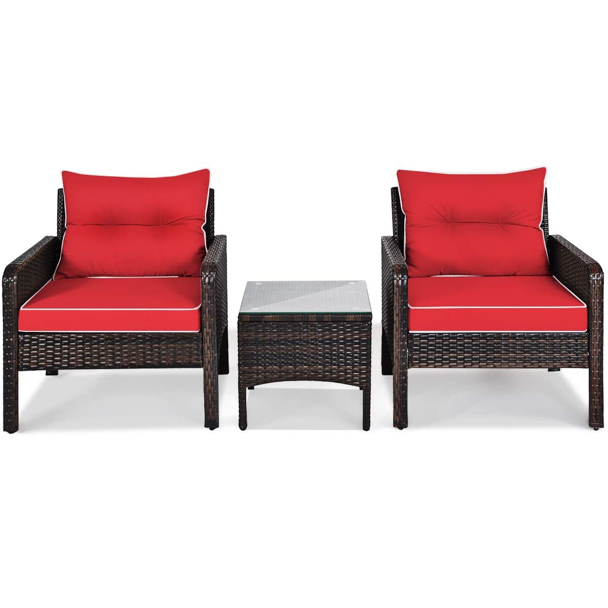 Tangkula 3-Piece Outdoor Patio Furniture Set - All-Weather Wicker Chairs with Glass Coffee Table & Thick Cushions - Red 2-Seater Garden, Poolside, Backyard, Porch Furniture for Relaxing & Entertaining
