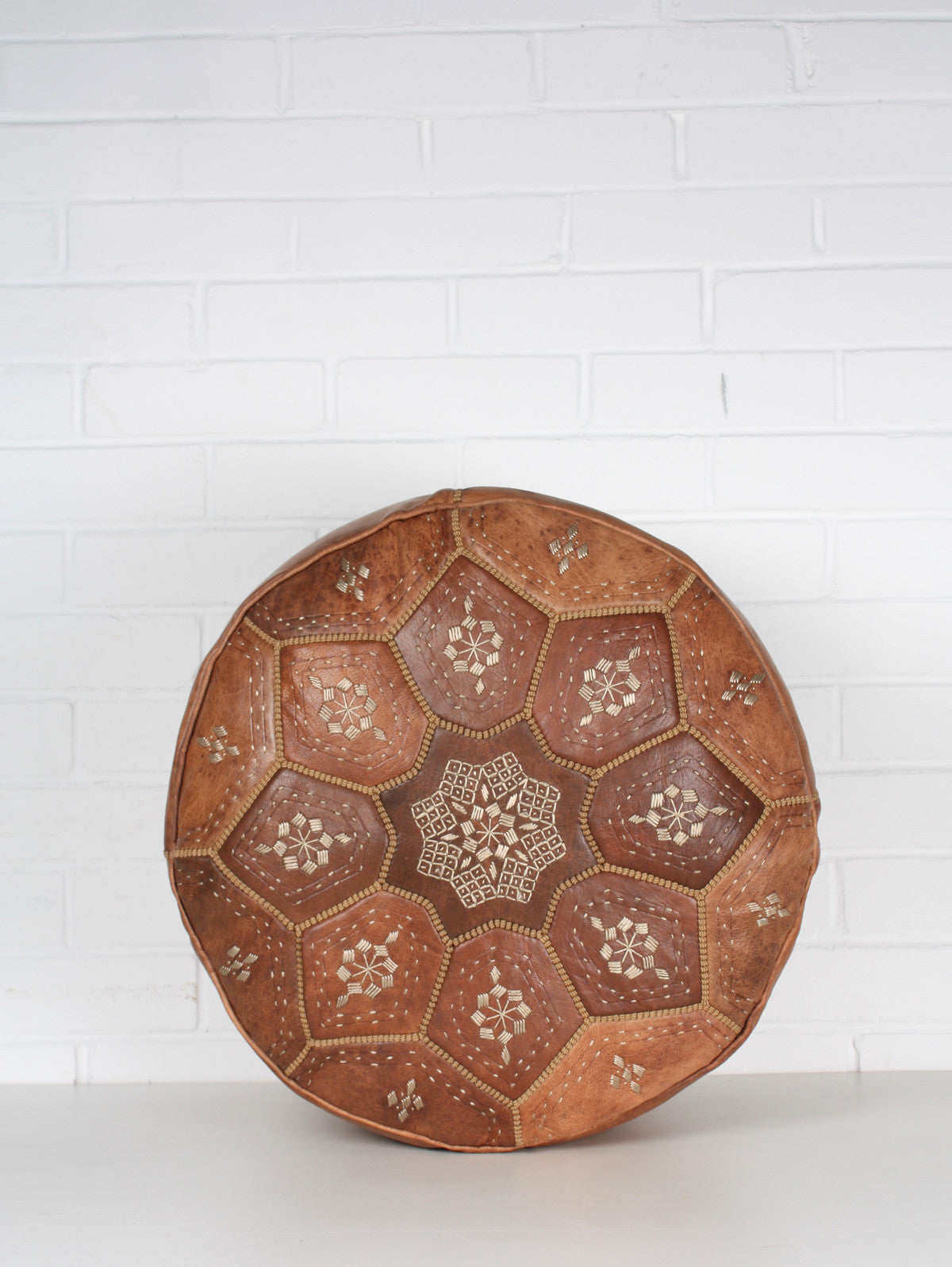 Handmade Moroccan Leather Tile Pouffe Ottoman - Tan Brown Boho Chic Footstool for Living Room, Bedroom & Lounge Decor