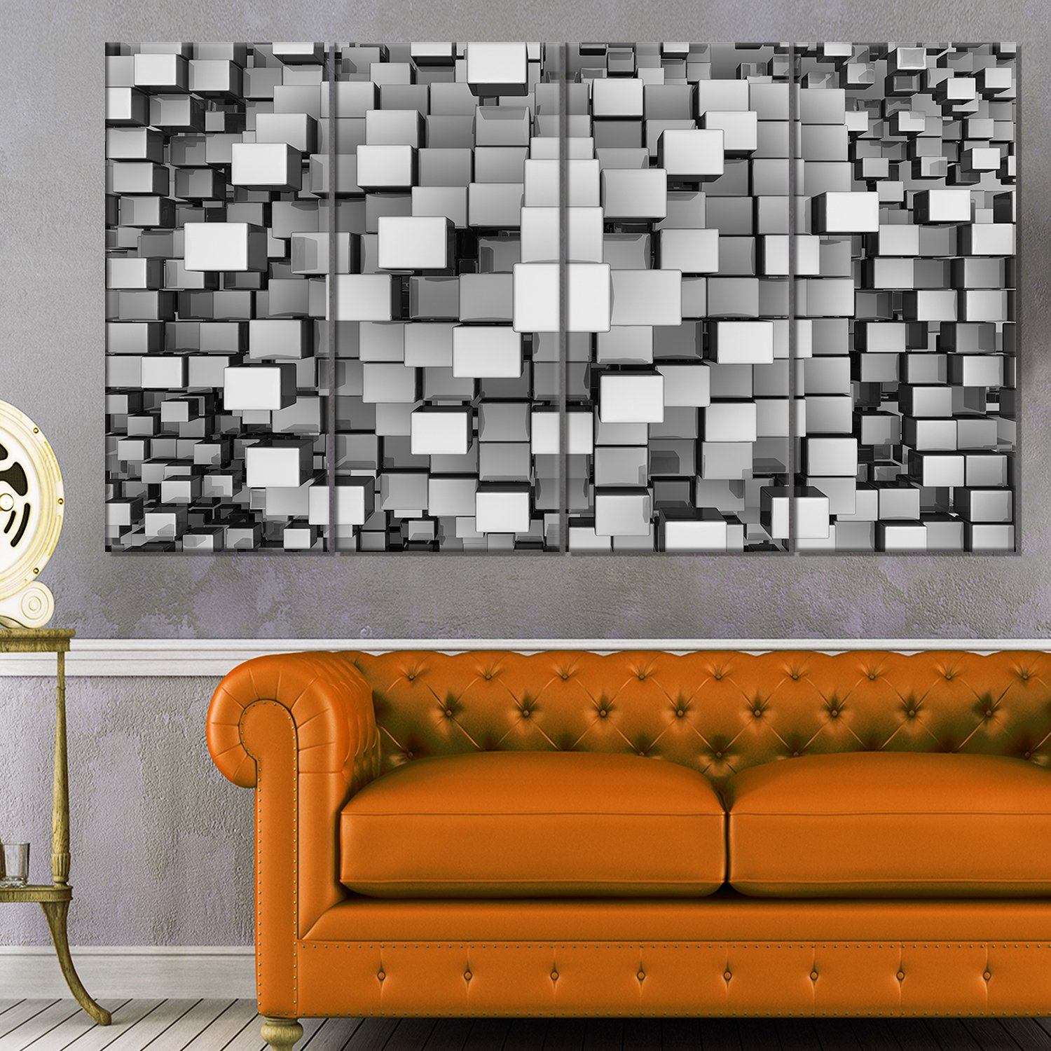 Designart Black and Grey Cubes - Modern Abstract Canvas Wall Art - 48x28 Inches - 4 Panel Set - Silver Frame - Perfect for Living Room, Bedroom & Office Decor