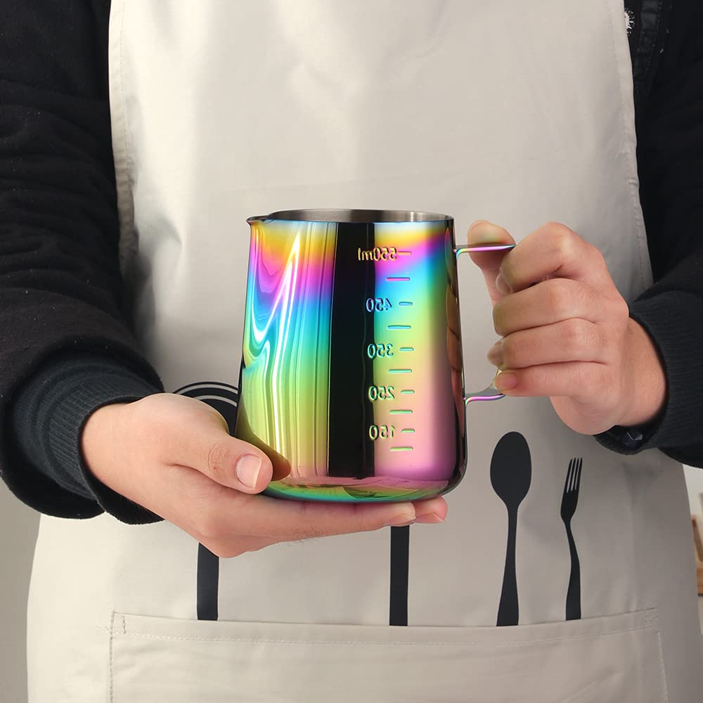2 Pack Stainless Steel Milk Frothing Pitcher 350ml & 600ml - Latte Art Coffee Maker with Measurement Scale, Barista Tools for Home Kitchen - Perfect for Cappuccino, Latte & Hot Chocolate Making (Rainbow Color)