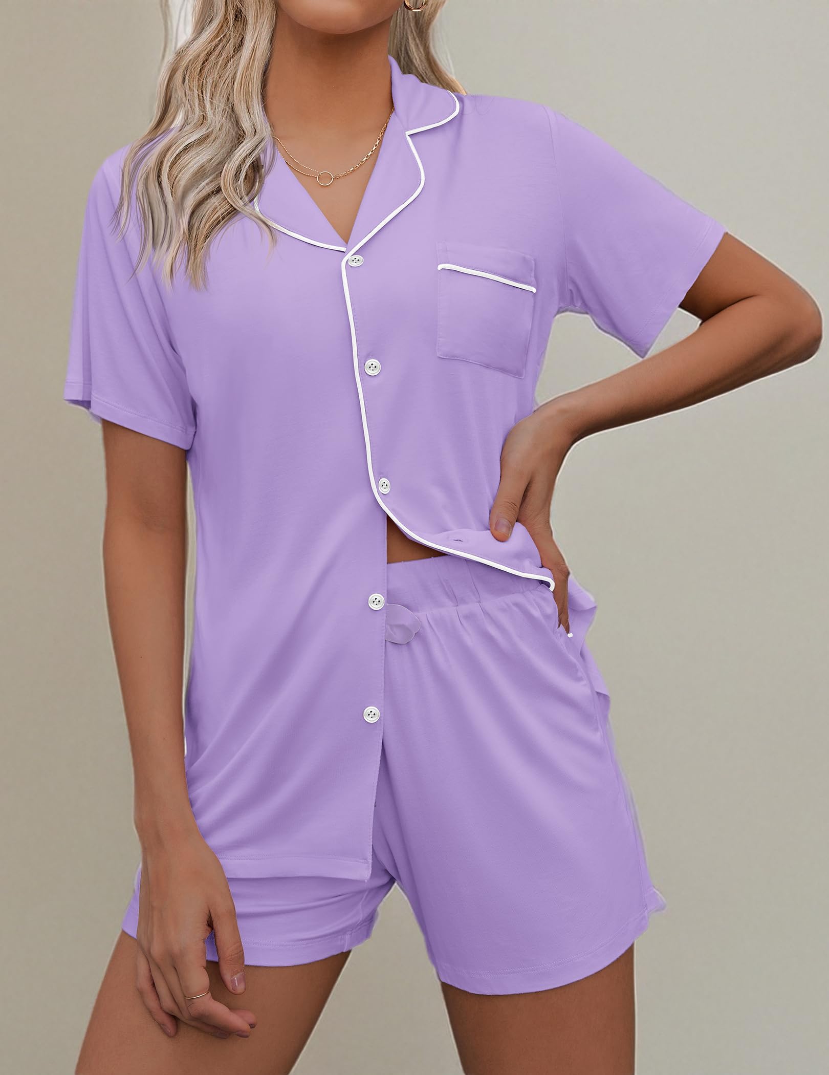 Ekouaer Women's Soft Short Sleeve Pajama Set - 2 Piece Button Down Sleepwear & Lounge Outfit for Comfortable Nightwear, Relaxing at Home, and Cozy Weekends