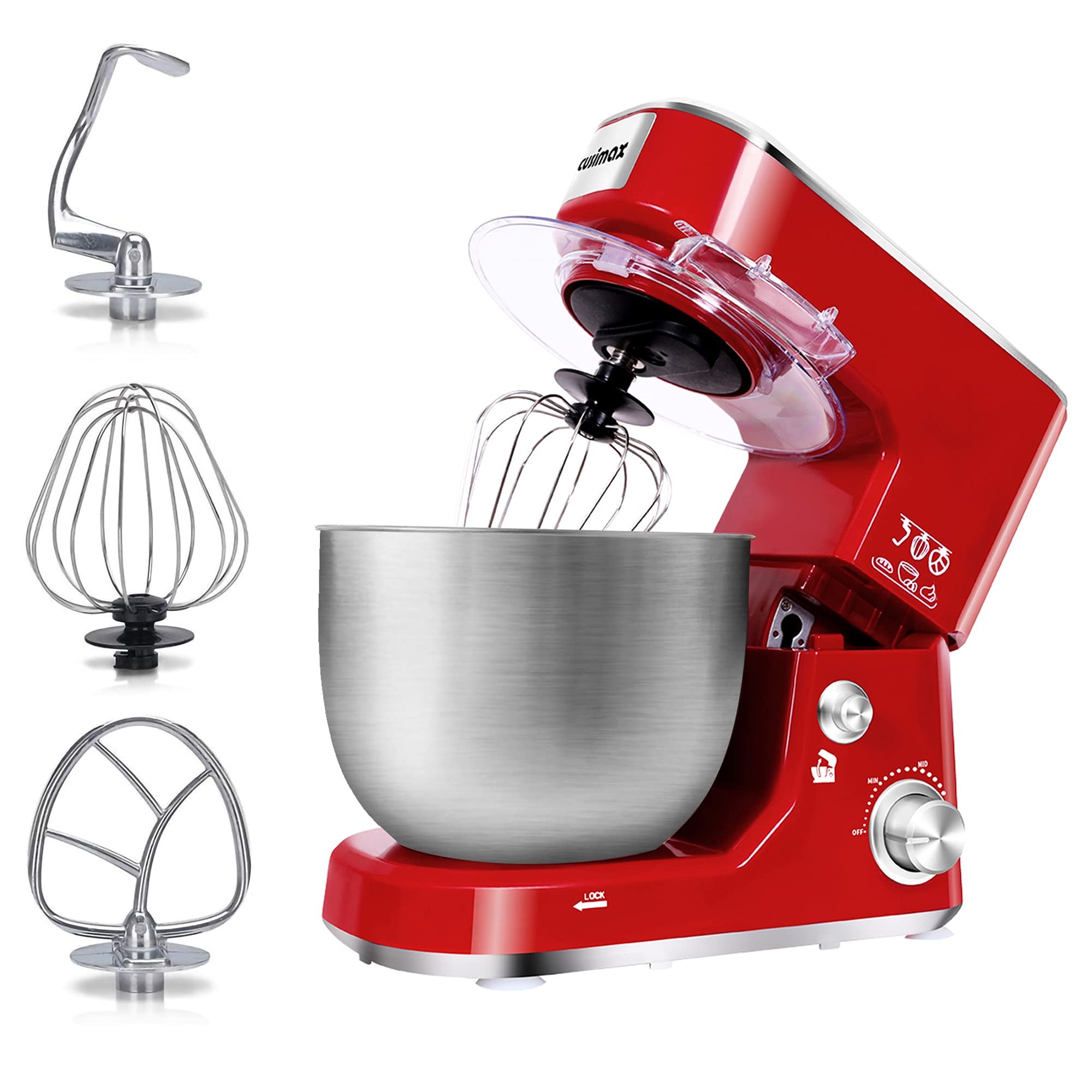 CUSIMAX 5-QT Stand Mixer with Stainless Steel Bowl - Tilt-Head Electric Kitchen Mixer with Dough Hook, Beater & Whisk - Splash Guard - Red - Perfect for Baking Cakes, Cookies & Bread Dough