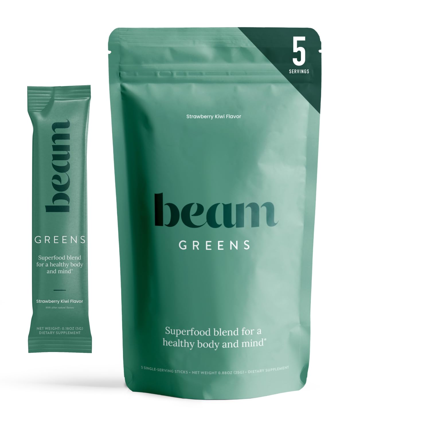 Beam Greens Superfood Powder - Vegan, Non-GMO Organic Greens Blend with Ashwagandha, Vitamins C, B12, B6 & D | Gut Health Supplement | Strawberry Kiwi Flavor (5 Servings) - Perfect for Smoothies, Juices & Daily Wellness Routine