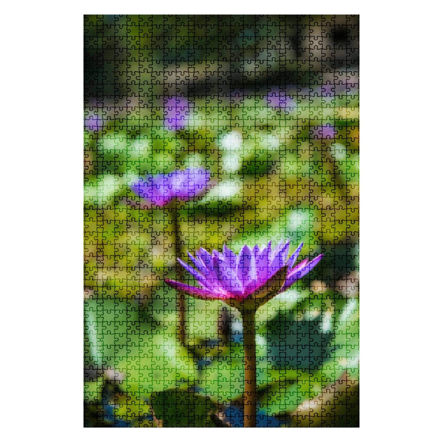 1000 Pieces Wooden Jigsaw Puzzle - Purple Lotus in The Lotus Pond with Water Lilies, Fun & Challenging Board Puzzle for Adults & Kids, Large DIY Educational Game Toy Gift for Home Decor, Perfect for Family Game Night & Stress Relief Activities