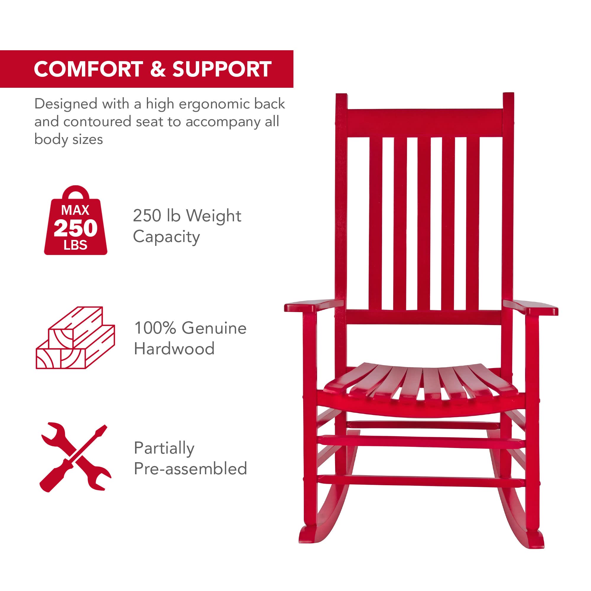 Vermont Porch Rocker - High Back Wood Rocking Chair with Chili Pepper Design by Shine Company | Perfect for Outdoor Patio, Garden, and Front Porch Relaxation