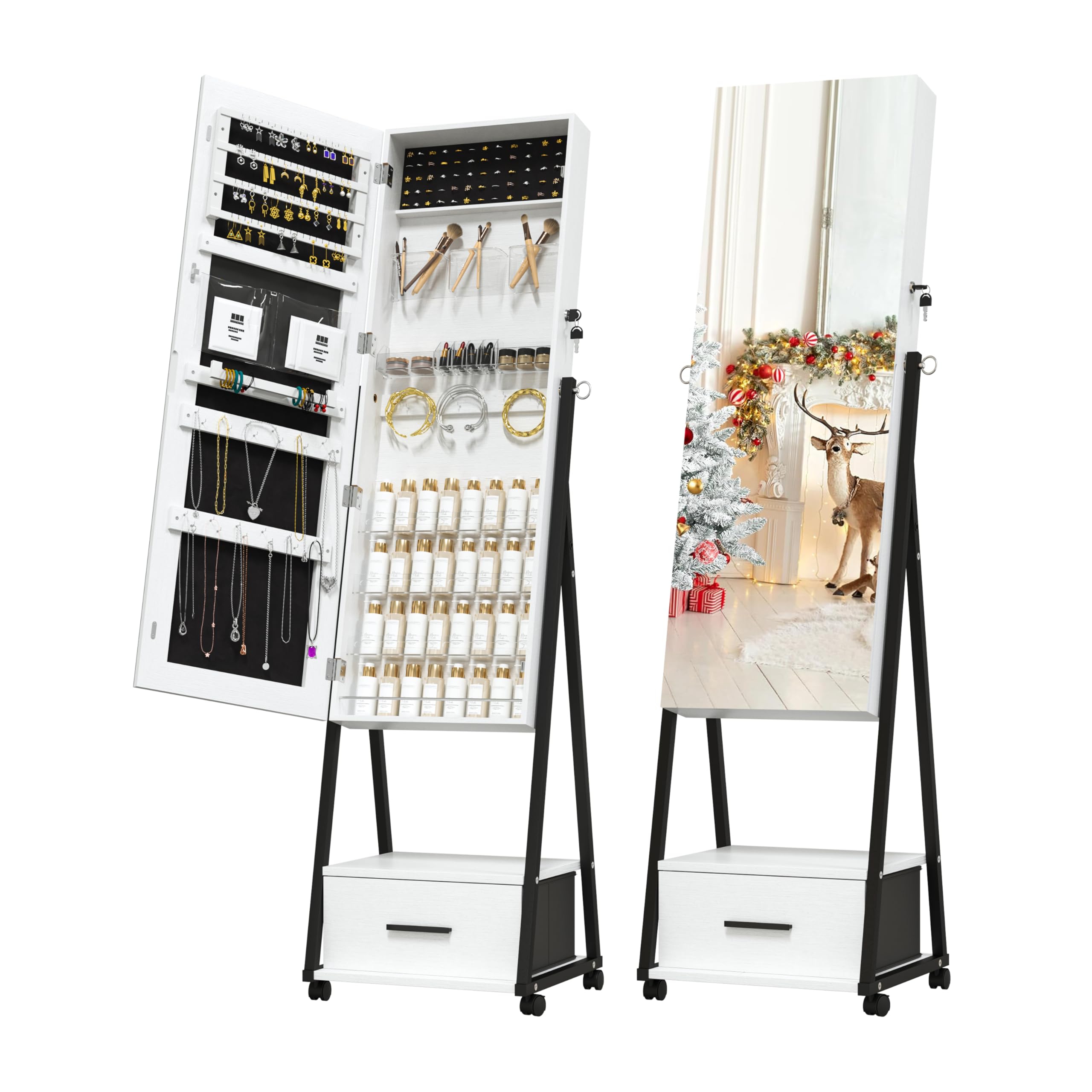 360° Rotating Full-Length Mirror Jewelry Cabinet with Wheels & Lockable Drawer - Jewelry Storage Organizer for Women & Girls - Perfect for Bedroom, Dressing Room & Closet Organization