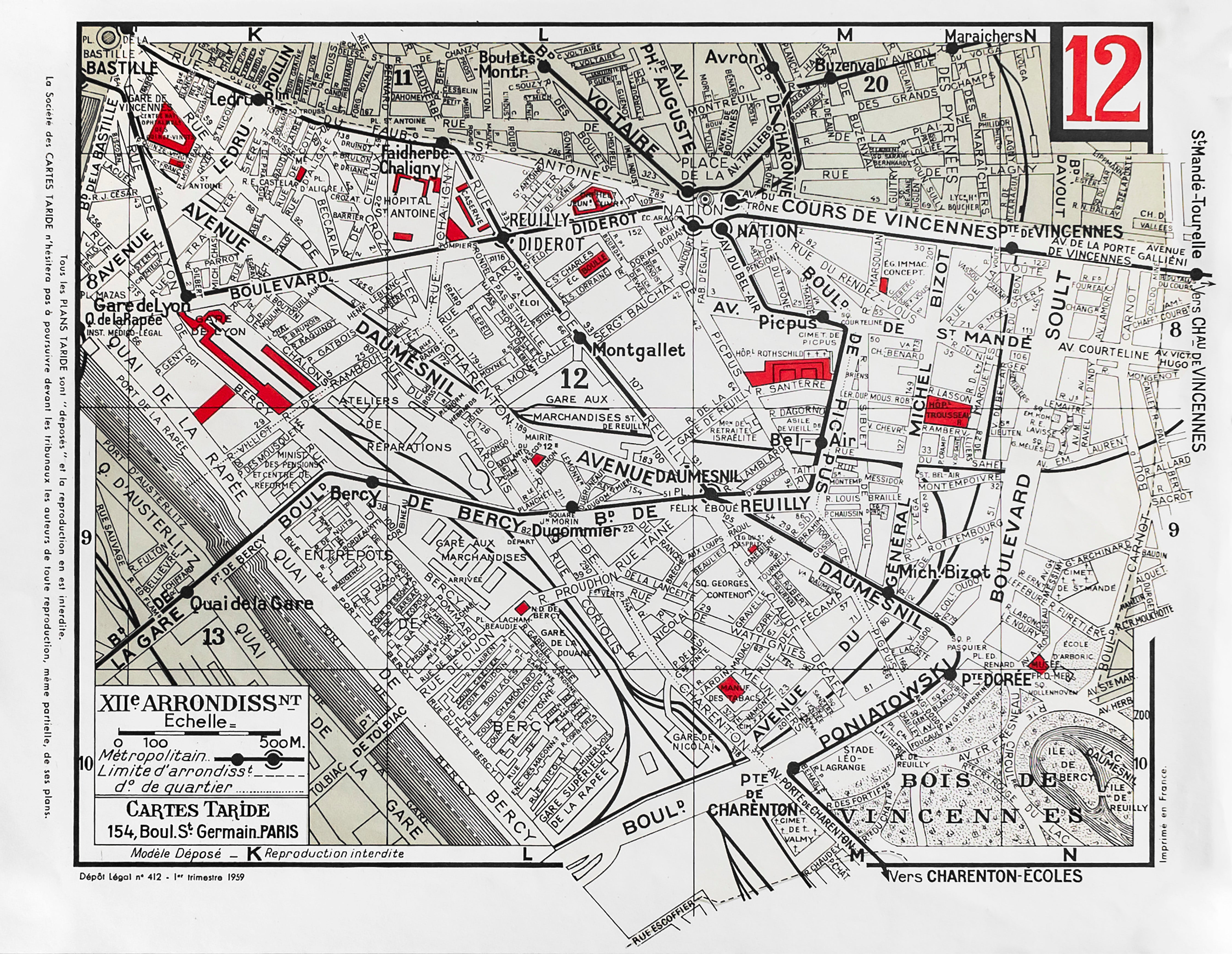 1959 Original Cartes Tarides Vintage Map of Paris XII Arrondissement - Antique Parisian Street Map for Home Decor, Gift & Travel Planning