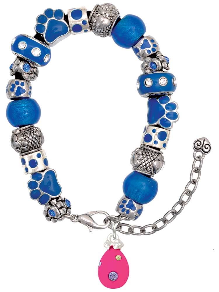 Delight Jewelry Easter Egg Charm with Colorful Crystal Dots - Adjustable Blue Paw Print Bead Bracelet (7