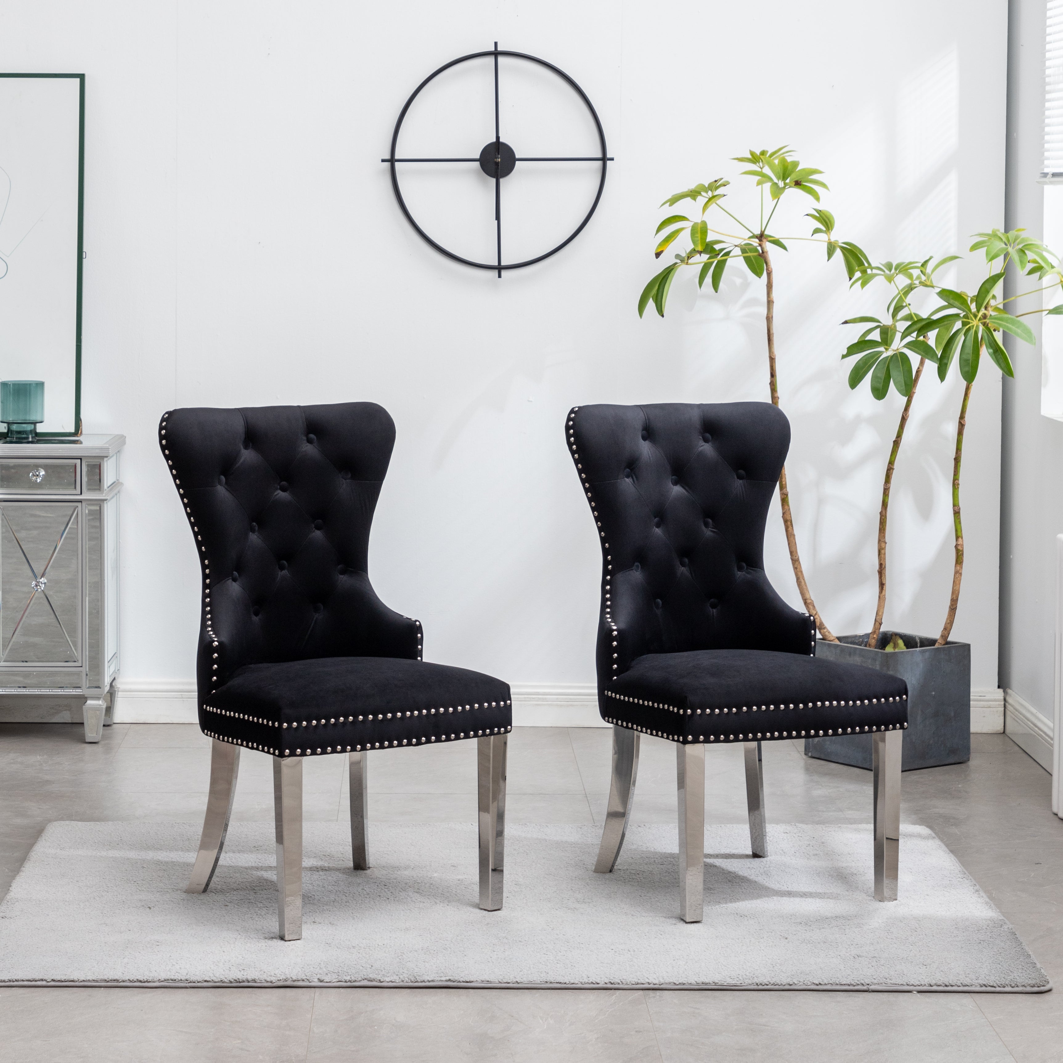 Roundhill Furniture Montura Contemporary Tufted Velvet Accent Chairs with Nailhead Trim - Set of 2, Black - Perfect for Living Room, Bedroom, or Office Decor