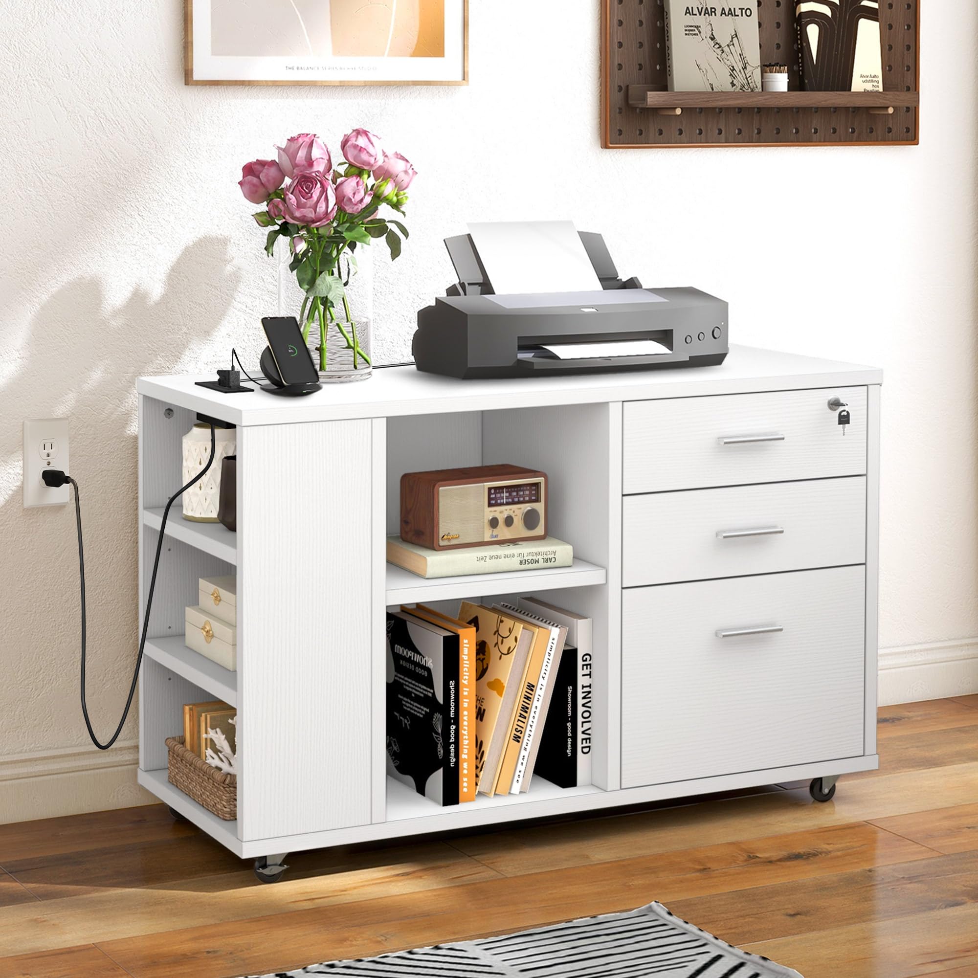 DWVO 3-Drawer Mobile File Cabinet with Lock - White Office Storage Organizer, Printer Stand with Charging Station for Home & Workspace - Perfect for Document Filing, Office Supplies Storage & Workspace Organization