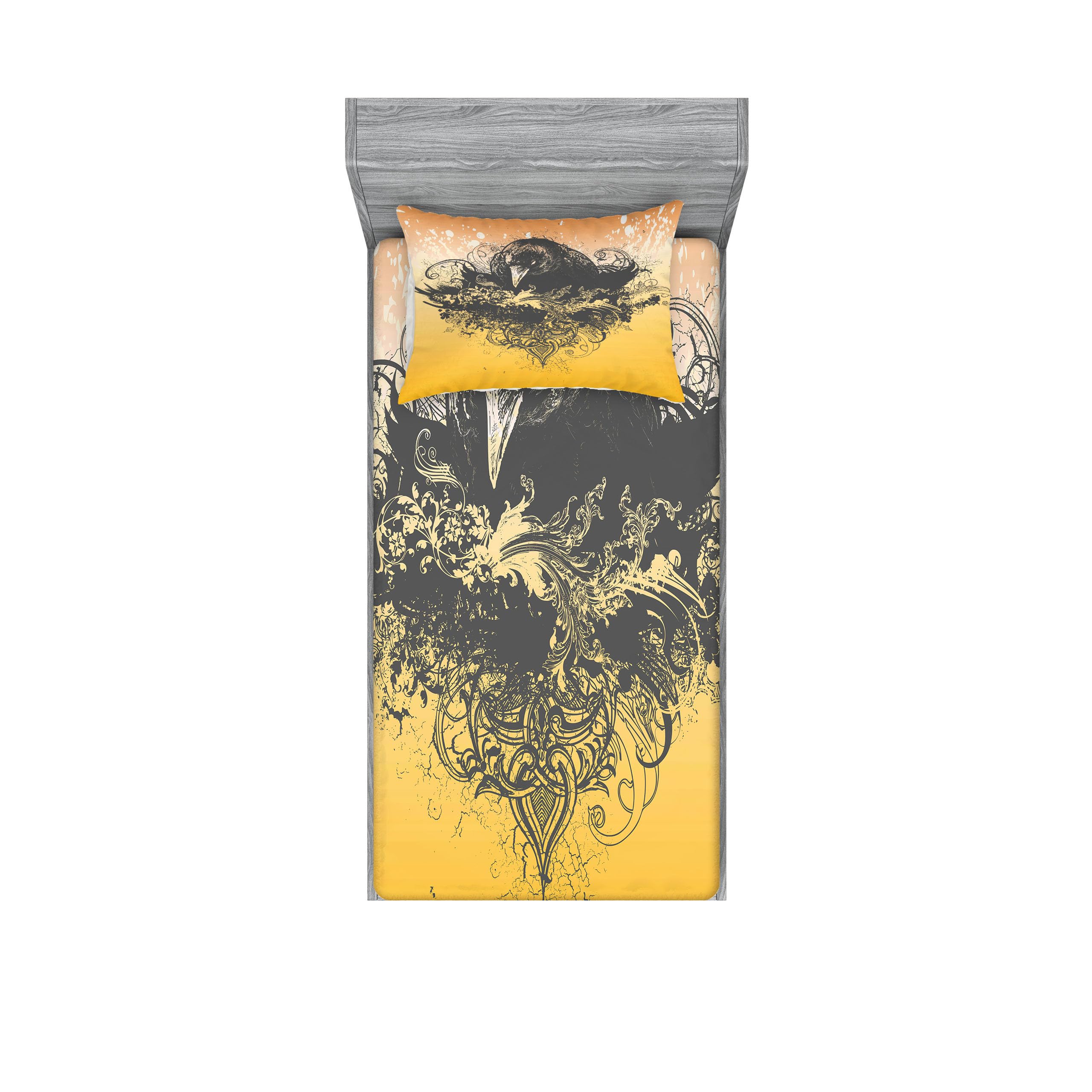 Ambesonne Halloween Bedding Set - Twin Size Black Fitted Sheet & Pillow Sham with Wicked Crow and Ornate Flowers Print, 2-Piece Gothic Decor Bed Set in Black & Mustard | Perfect for Spooky Bedroom Decor, Themed Parties and Gothic Home Decor