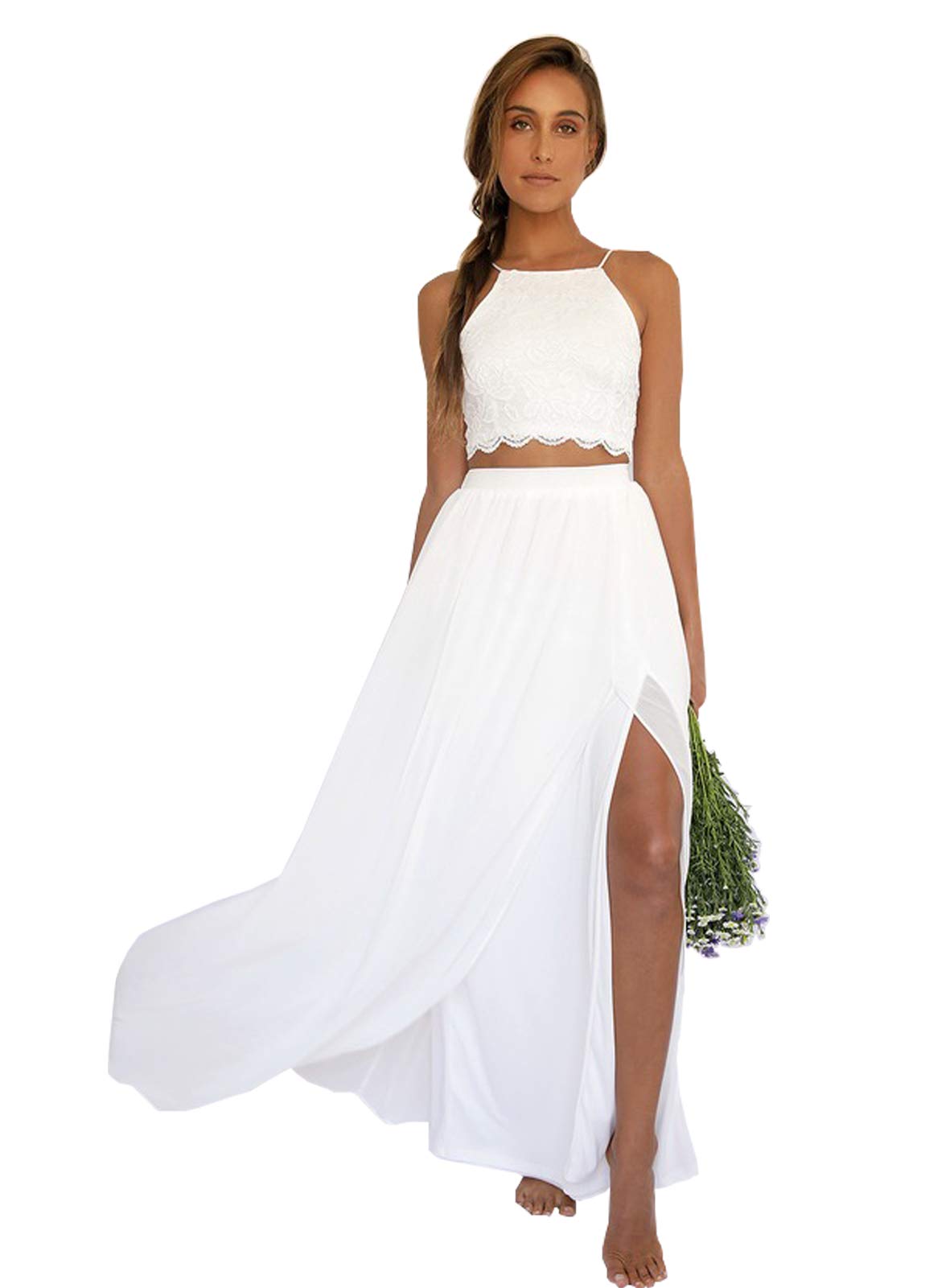 Elegant A-Line Lace Wedding Dress with Side Slit & Chiffon Illusion Neckline - Beach Bridal Gown for Outdoor Ceremonies & Destination Weddings