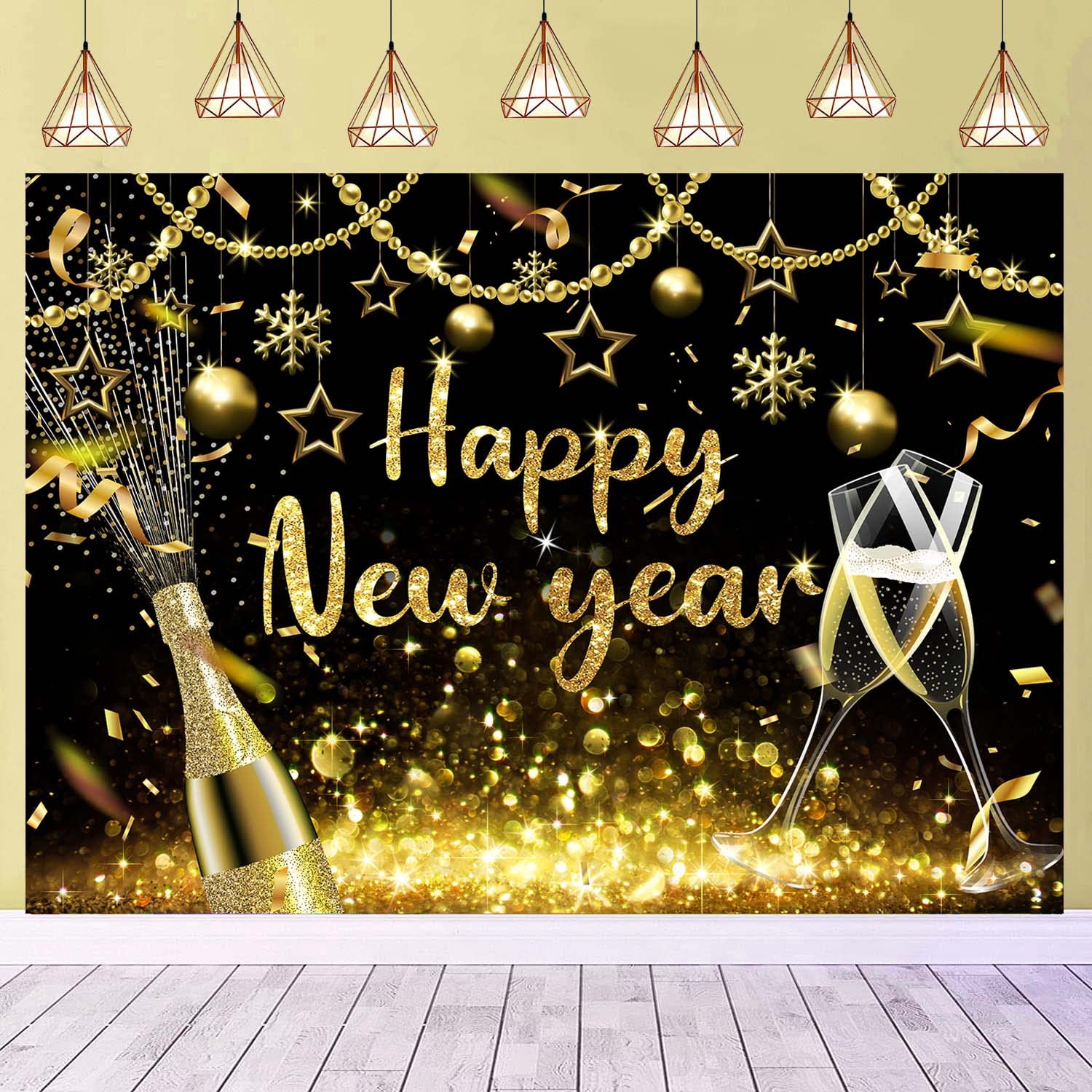 2025 Happy New Year Backdrop - Gold Glitter New Year's Eve Party Decoration (7x5 FT) | Photo Booth Background, NYE Celebration, Holiday Event Decor