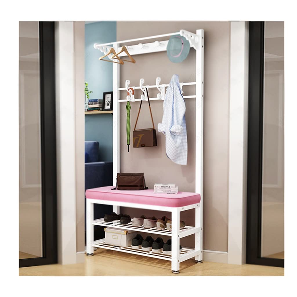 LHHL 4-in-1 Entryway Storage Bench with Coat Rack & Shoe Storage - White Powder Coated Metal Frame Hall Tree (60x33x172cm) - Perfect for Small Spaces, Apartments & Home Organization
