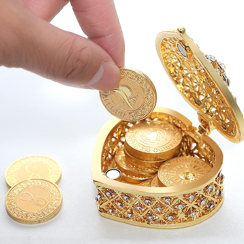 Spanish Wedding Arras Coins Set - 13 Gold Unity Coins in Pearl & Crystal Heart Jewelry Box - Traditional Wedding Ceremony Souvenirs for Bridal Shower, Vow Renewal & Hispanic Wedding Traditions