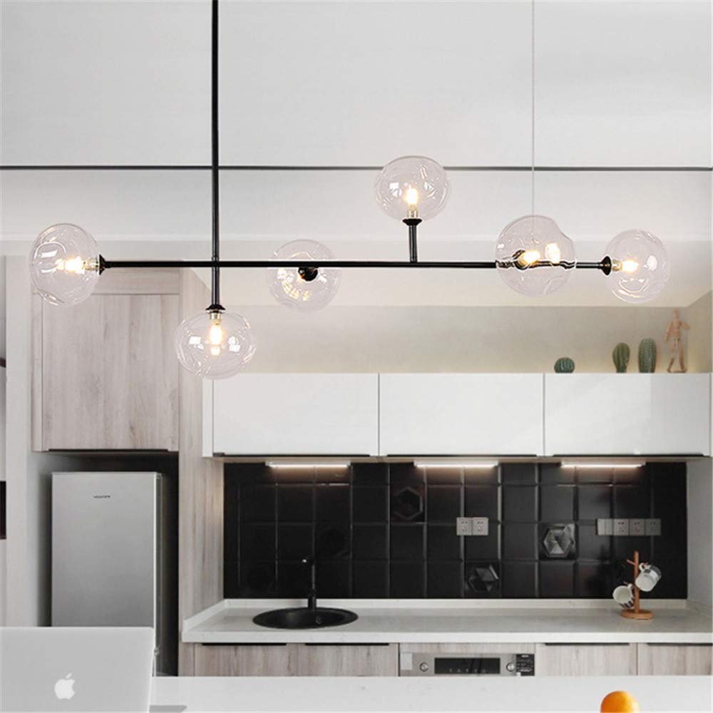 RUNNUP 6-Light Modern Glass Globe Chandelier - Black Finish Pendant Lighting for Living Room, Bedroom, Dining Room, Office & Kitchen | Elegant Island Light Fixture with Transparent Bean Shades for Home Decor