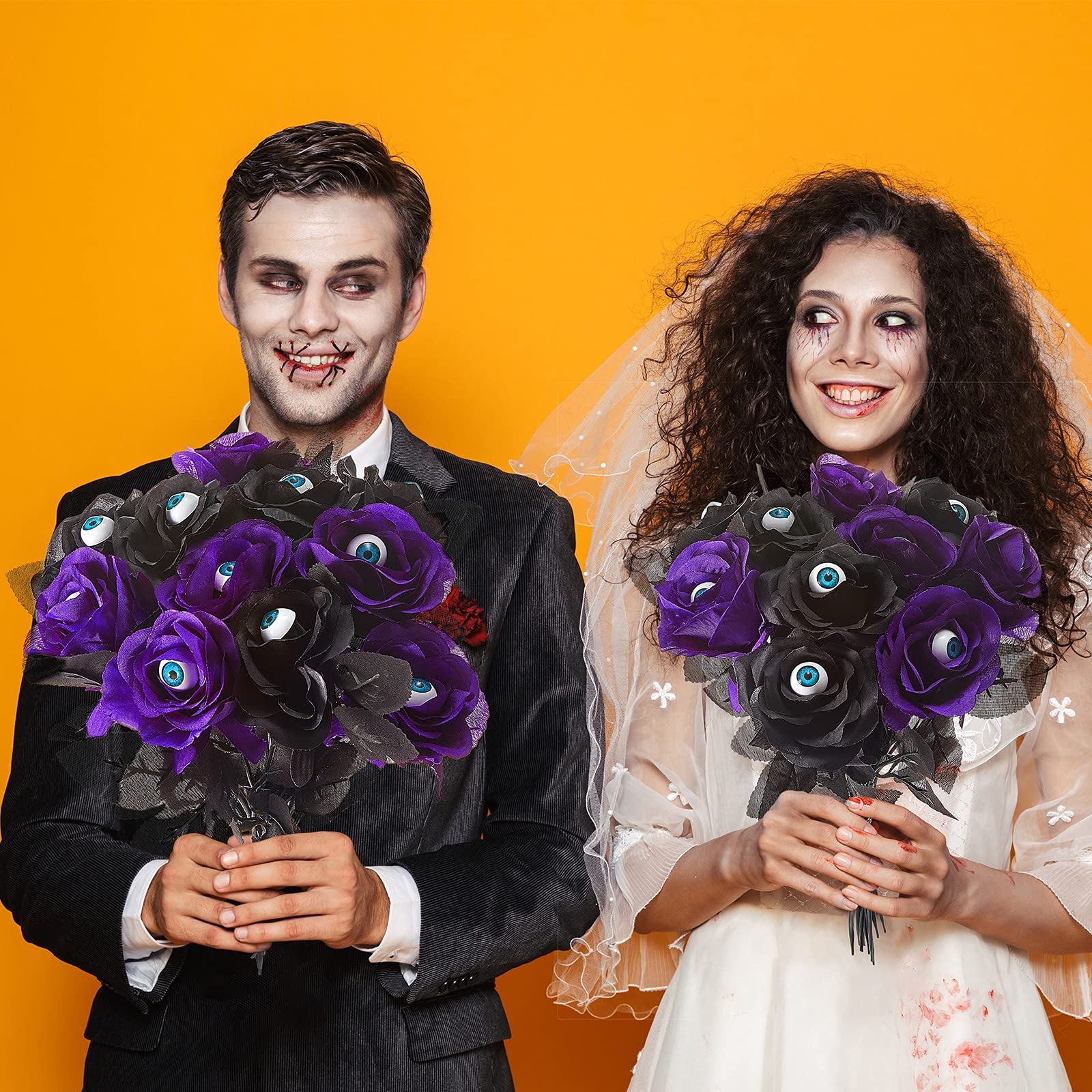 MTLEE 12-Pack Halloween Eyeball Flowers - Artificial Silk Roses with Creepy Eyeballs for Gothic Decor, Halloween Party Supplies, Home Decoration (Black & Purple) - Perfect for Spooky Centerpieces, Haunted House Props & Gothic Wedding Bouquets