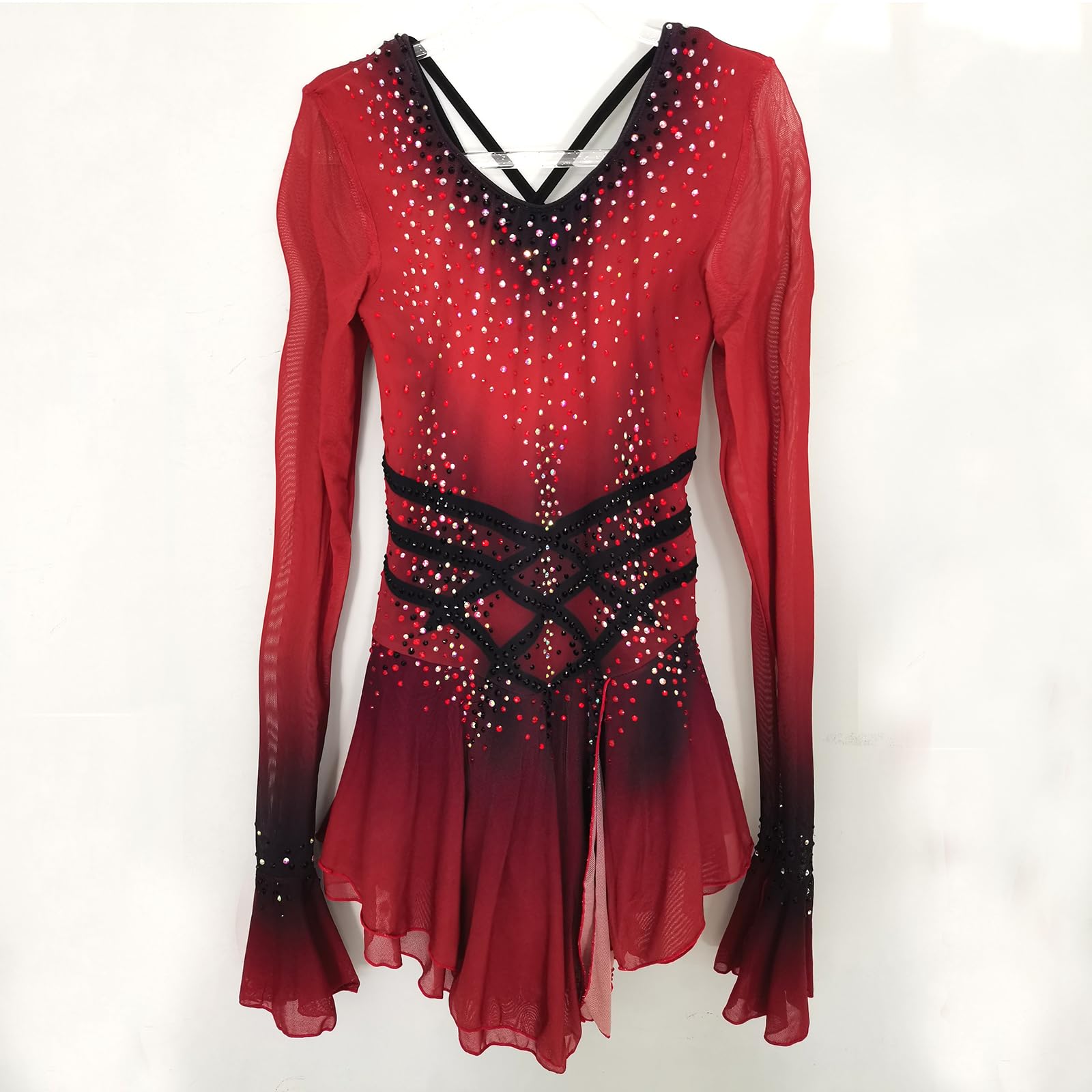 Girl's Red Long Sleeve Figure Skating Dress with Sparkling Rhinestones - Elegant Ice Skating Costume for Competitions & Performances - Perfect for Ice Shows, Recitals, and Winter Sports Events