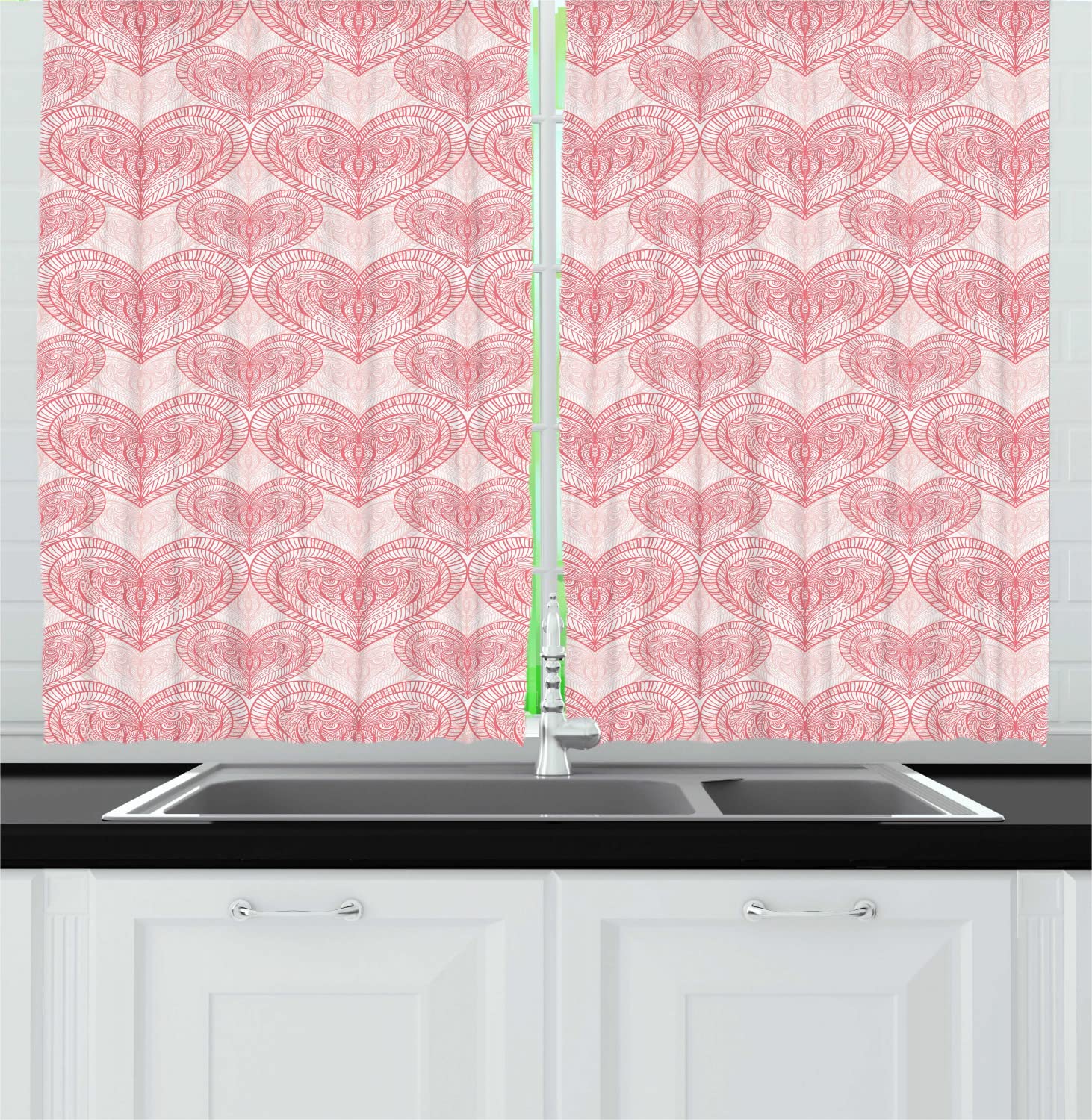 Ambesonne Heart Print Kitchen Curtains - Love Themed Pastel Pink and White Valentine's Day Drapes, 55
