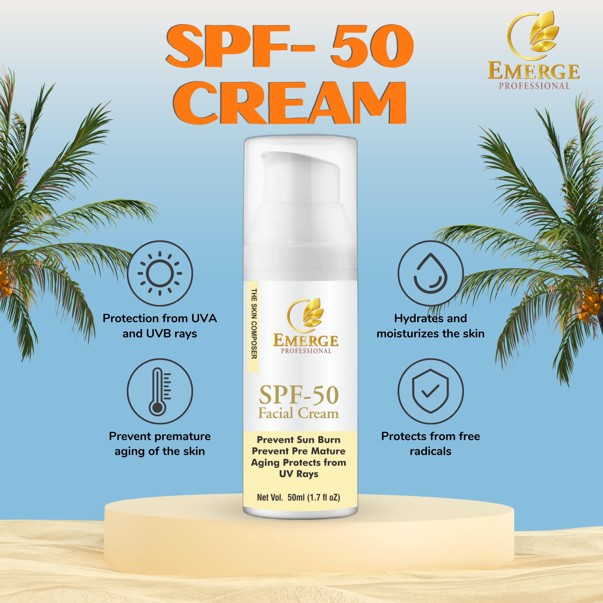 EMERGE Professional SPF-50 Sunscreen Cream for Men & Women - Daily UV Protection, Non-Greasy & Water-Resistant for Outdoor Activities, Beach & Sports