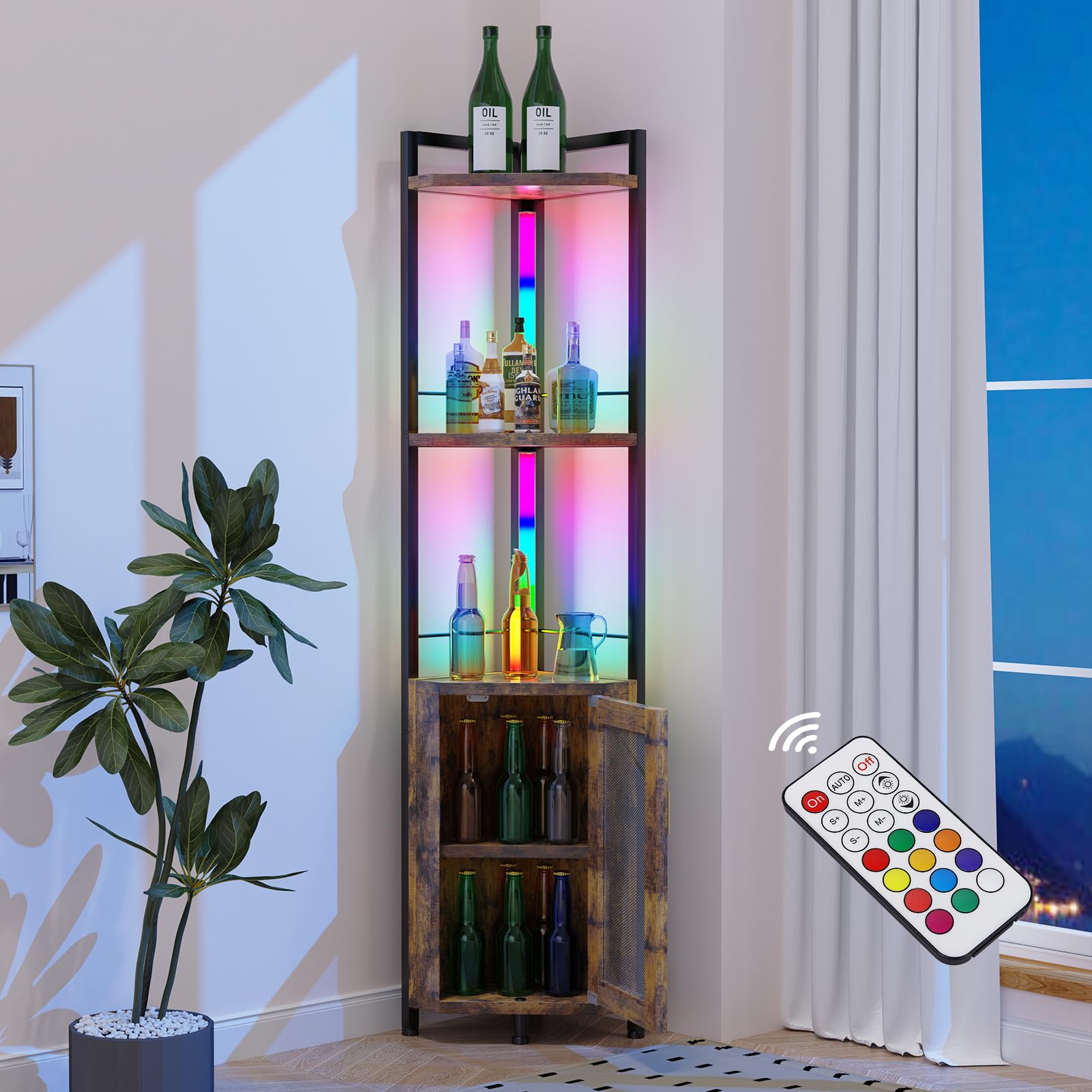 RGB LED Light Bar with Iron Wood Corner Shelf - Tall Bookcase, Bar Cabinet with Doors for Liquor Display, Standing Floor Lamp for Living Room Decor | Perfect for Home, Office & Entertainment Spaces