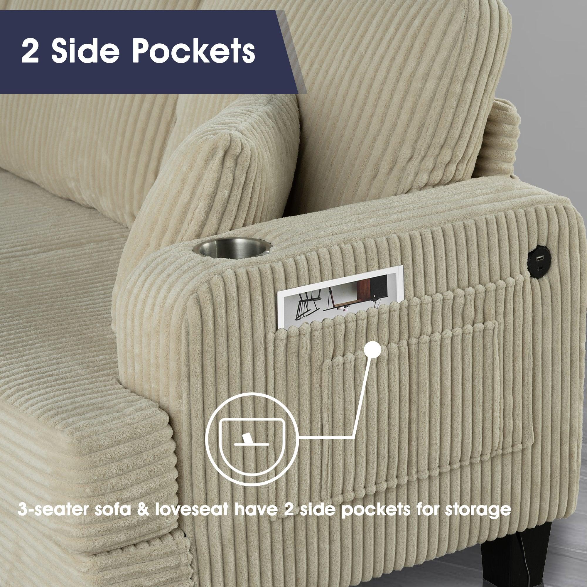 Beige 3-Piece Sectional Sofa Set with Storage Ottoman - 3-Seater Couch & Loveseat for Living Room, Includes USB Charging Ports, Side Pockets & Throw Pillows - Perfect for Family Gatherings, Movie Nights and Small Space Apartments