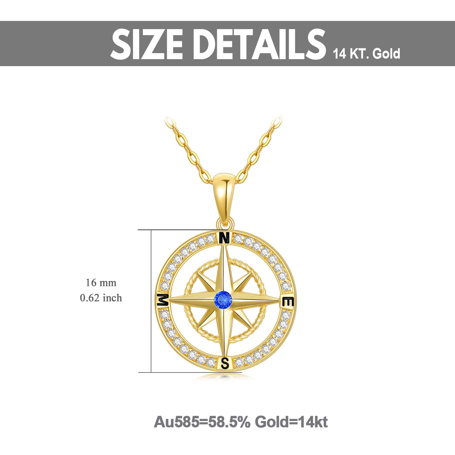 14K Real Gold Compass Pendant Necklace for Women - Dainty Yellow Gold Small Compass Necklace with Cubic Zirconia | Perfect Graduation Gift, Birthday Present for Wife & Mom | 16+2 Inch Chain | Elegant Everyday Jewelry & Special Occasion Accessory