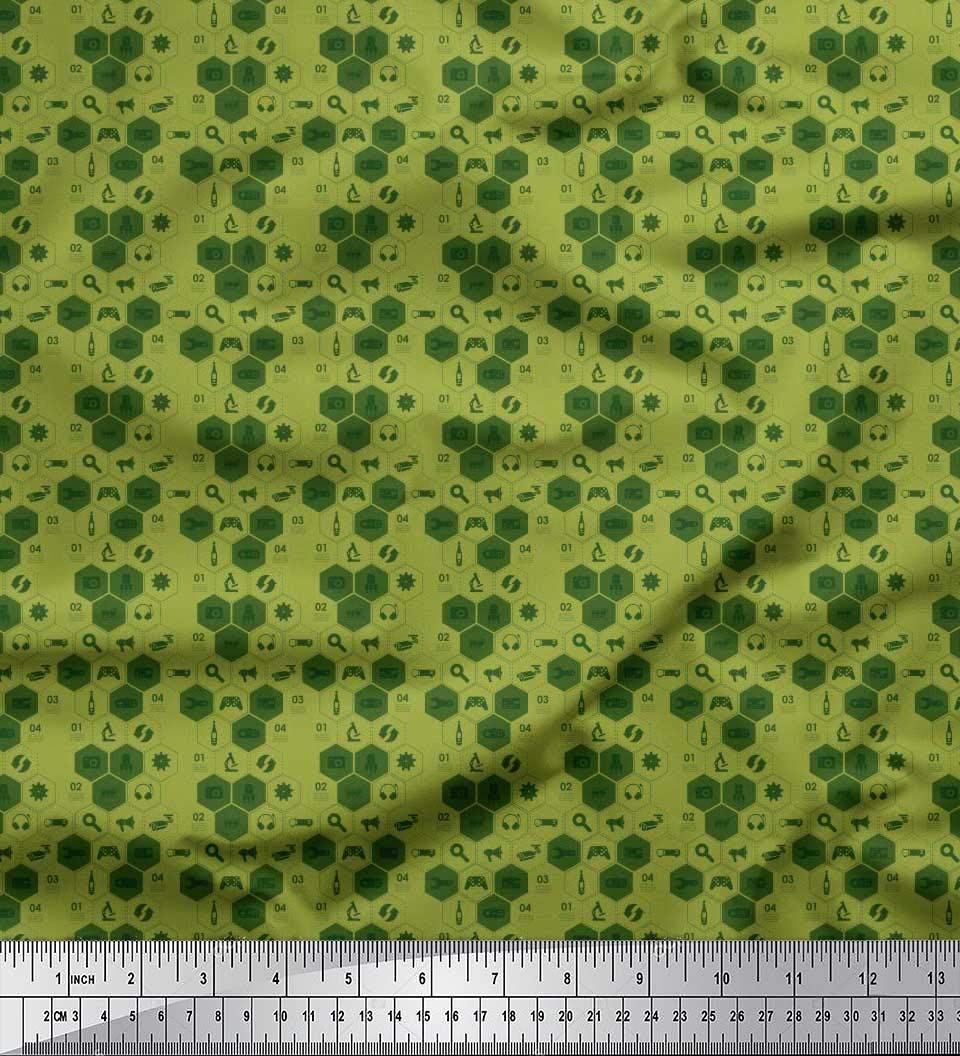 Soimoi 100% Cotton Voile Fabric - Green Printed with Camera, Headphones & Megaphone Pattern - 56