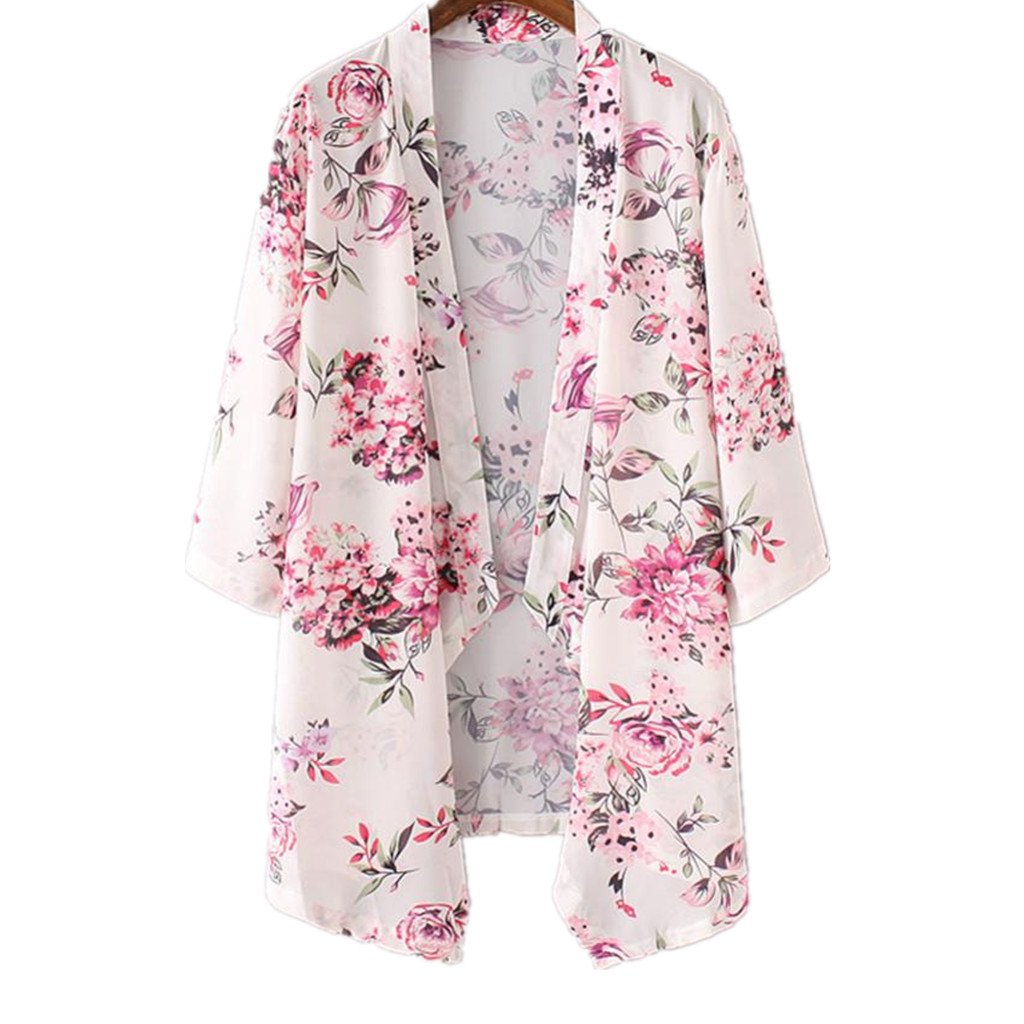 Boho Printed Chiffon Kimono Cardigan - Lightweight Loose Cover Up Shawl for Women (Medium, White) | Perfect for Beach Coverups, Summer Evenings & Boho Fashion Outfits
