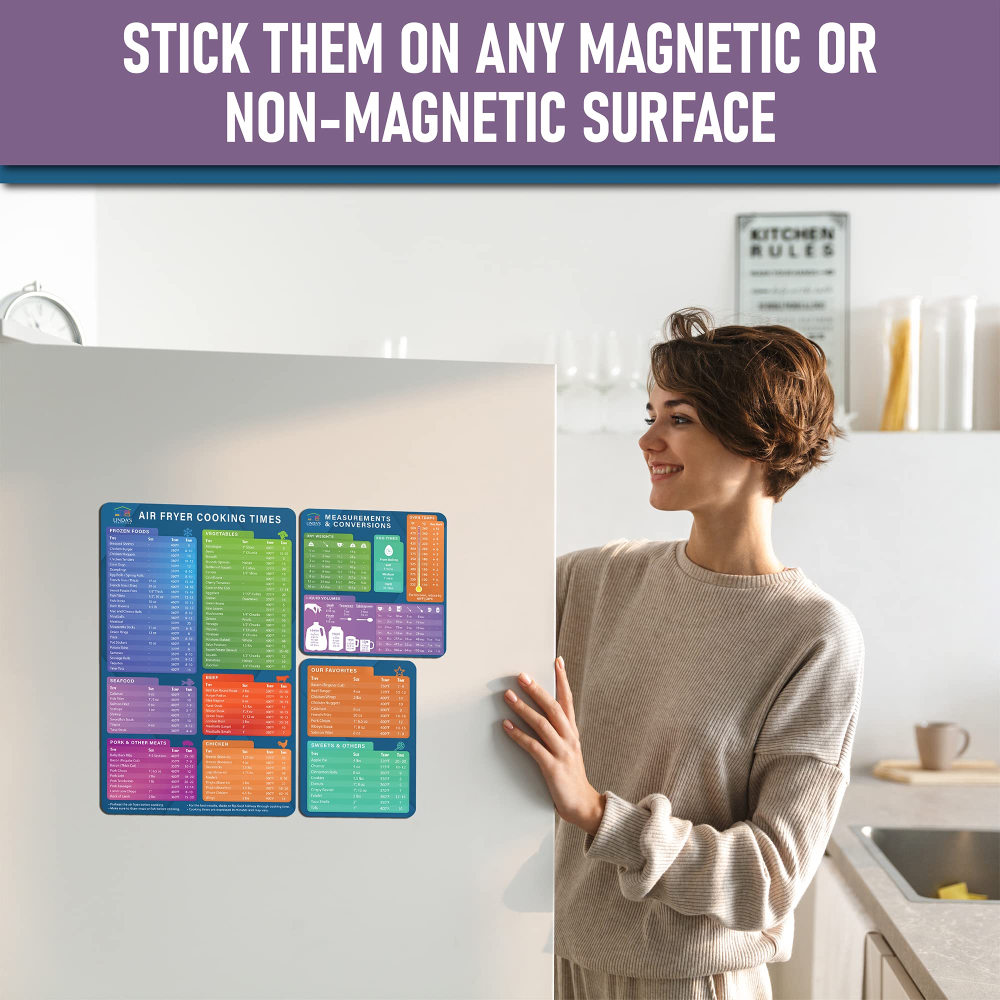 Air Fryer Cheat Sheet Magnets - 3 Pack Magnetic Cooking Guide with Time Chart & Kitchen Conversions - Perfect for Air Fryer Liners, Frying & Baking - Ideal for Quick Reference in Kitchen & Meal Prep