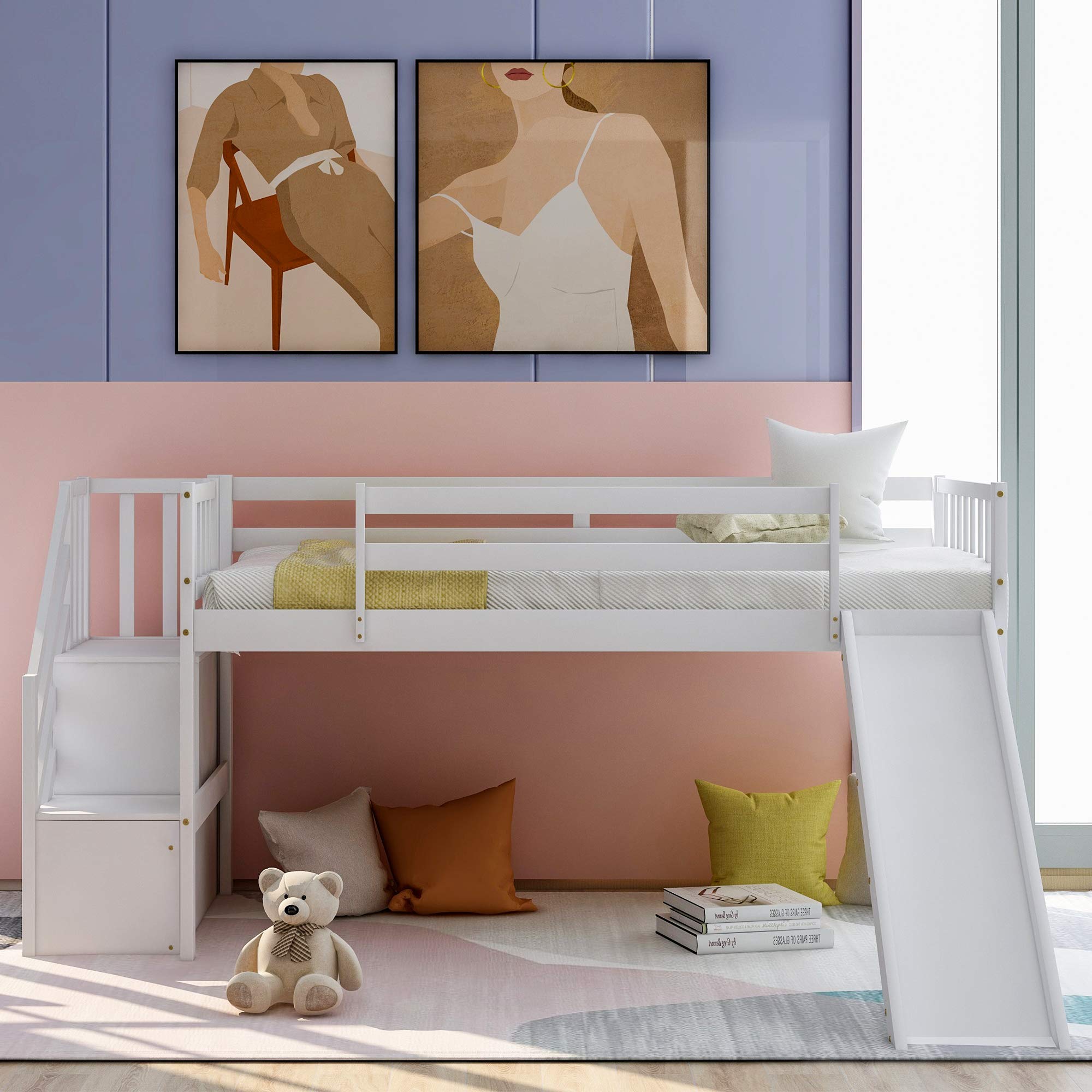 **Twin Size Low Loft Bed with Adjustable Slide & 2-Step Staircase - Wooden Kids Loft Bed for Girls & Boys, No Box Spring Needed (White + Pine) - Perfect for Small Bedrooms, Playrooms & Dorm Rooms**