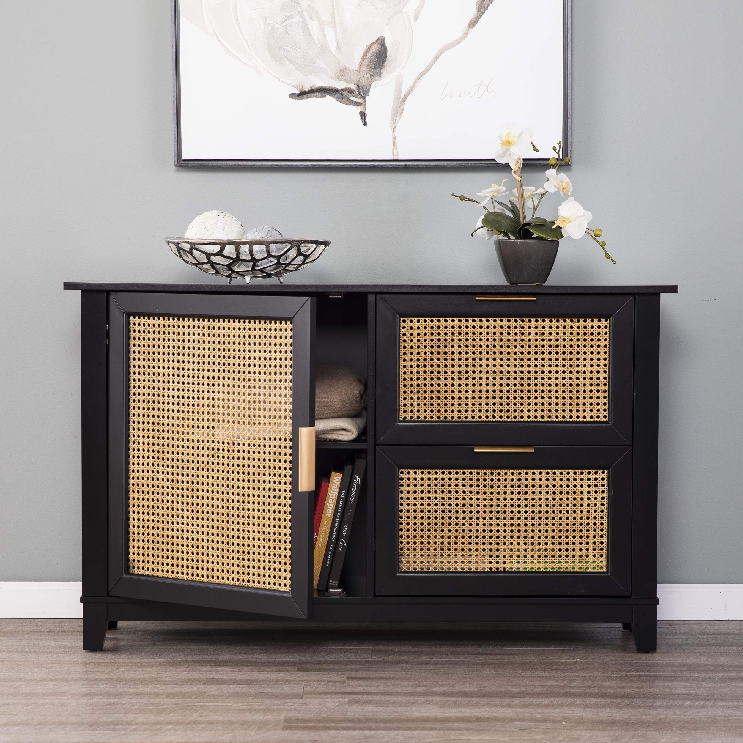 SEI Furniture Chekshire Anywhere Storage Cane Cabinet with Details - Black | Perfect for Living Room, Bedroom & Office Organization