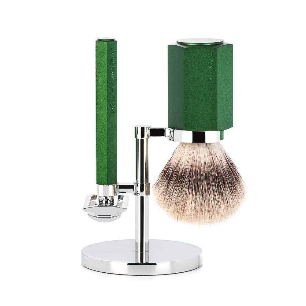 Premium MÜHLE Hexagon Forest 3-Piece Silvertip Fiber Shaving Set for Men - Luxury Wet Shaving Kit with Stand, Brush & Razor - Perfect Gift for Father's Day & Grooming Enthusiasts