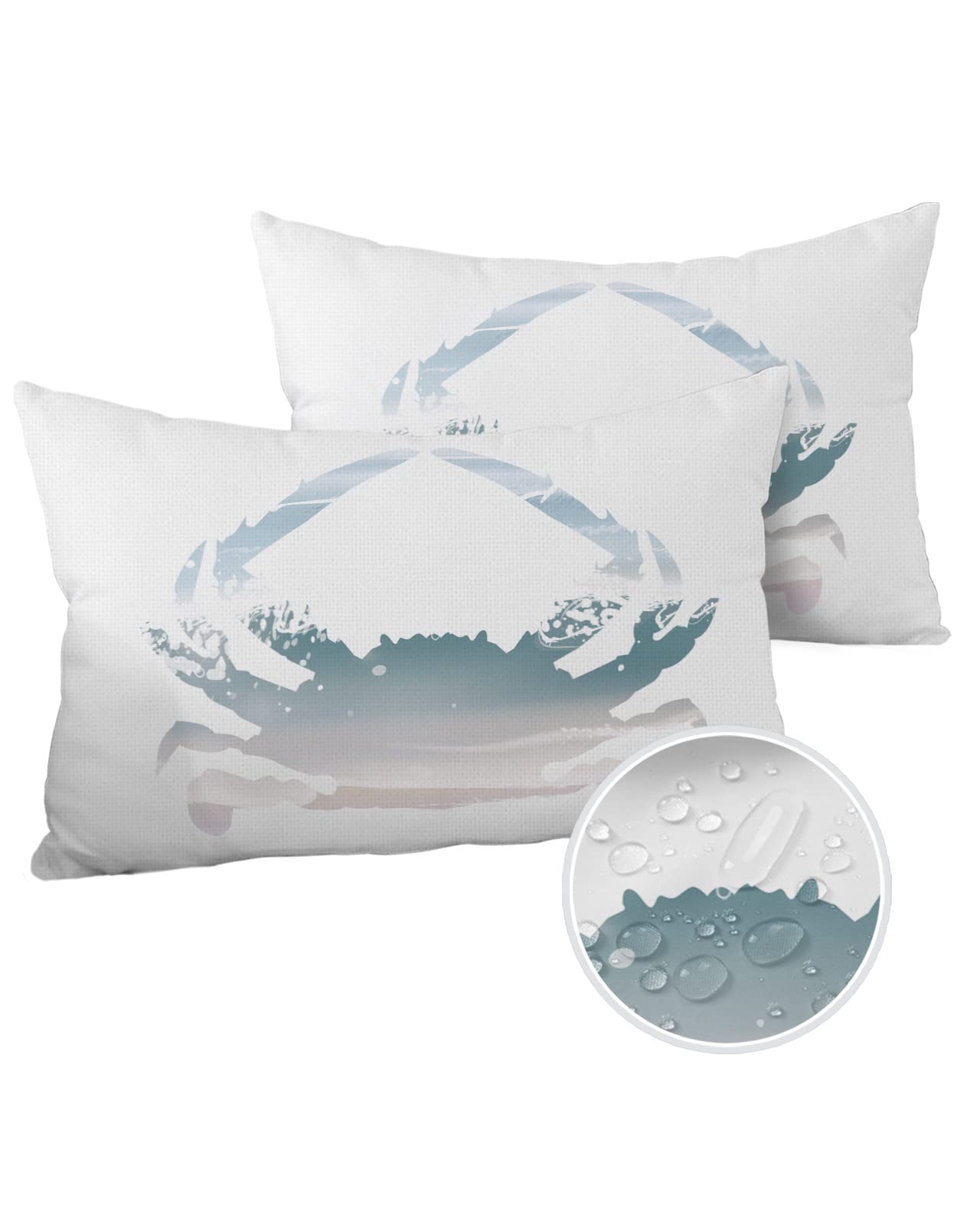 Vandarllin Waterproof Outdoor Throw Pillow Covers 12x20, Set of 2 - Blue Ocean Crab Watercolor Beach Sky Design, Zippered Lumbar Cushion Covers for Patio Furniture, Perfect for Beach House, Porch, Deck & Outdoor Living Spaces
